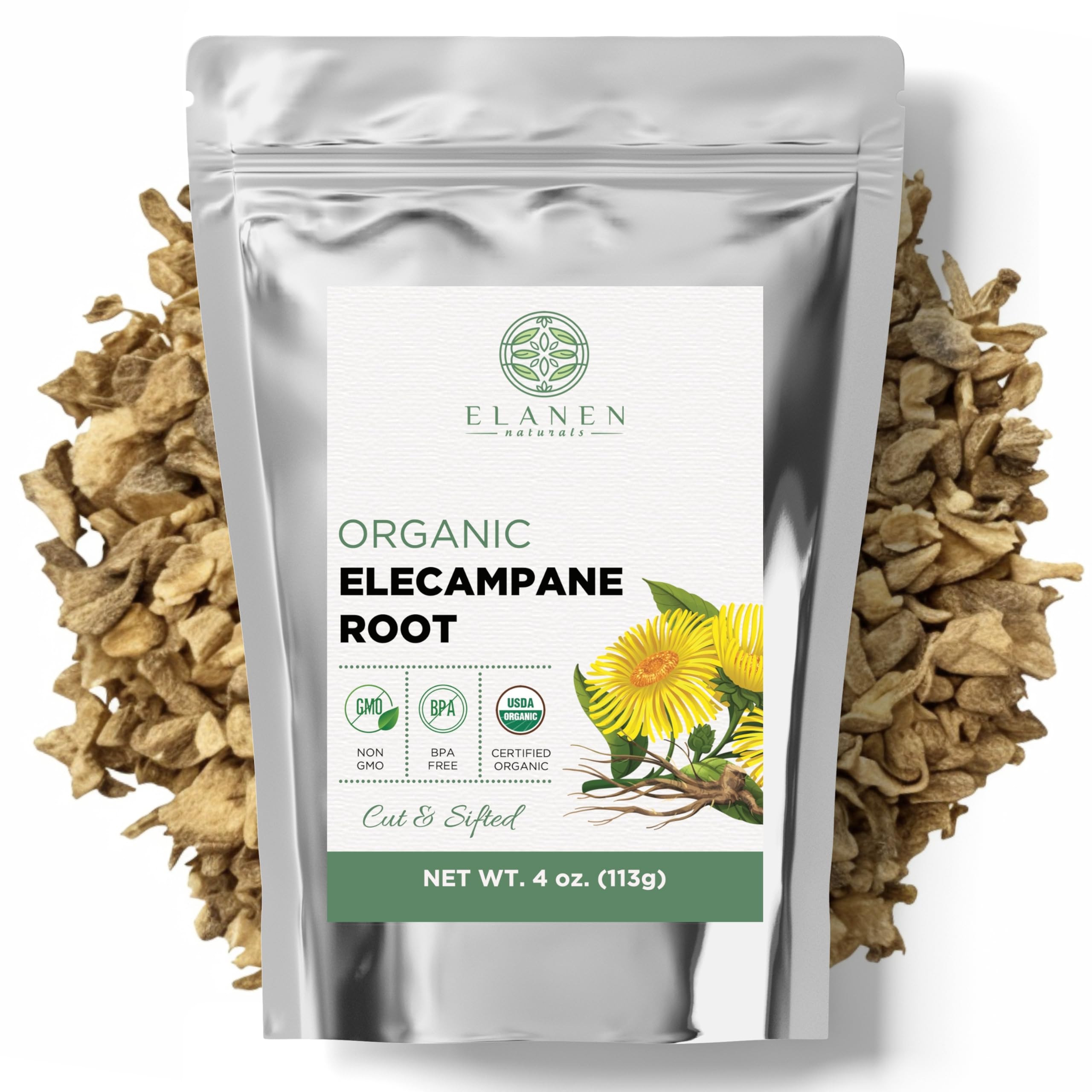 Elanen Naturals Organic Elecampane Root 4 oz. (113g), USDA Certified Organic Elecampane, Inula Helenium Herb, Cut & Sifted