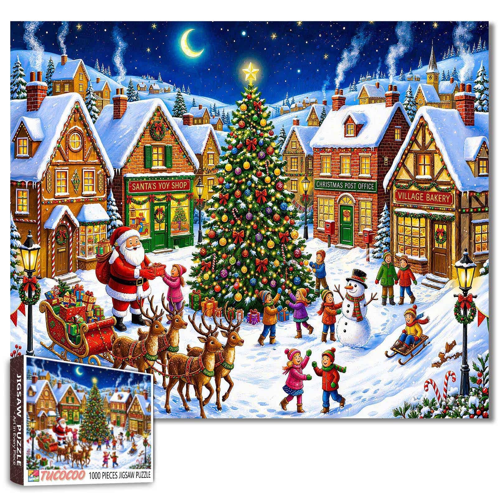 Santa Claus Christmas Village Jigsaw Puzzles for Adults 1000 Pieces Distributing Gifts Snowman Building Sledding Children Family Games Home Wall Decor Gifts 19.7 x 27.6 Inch โ image 1