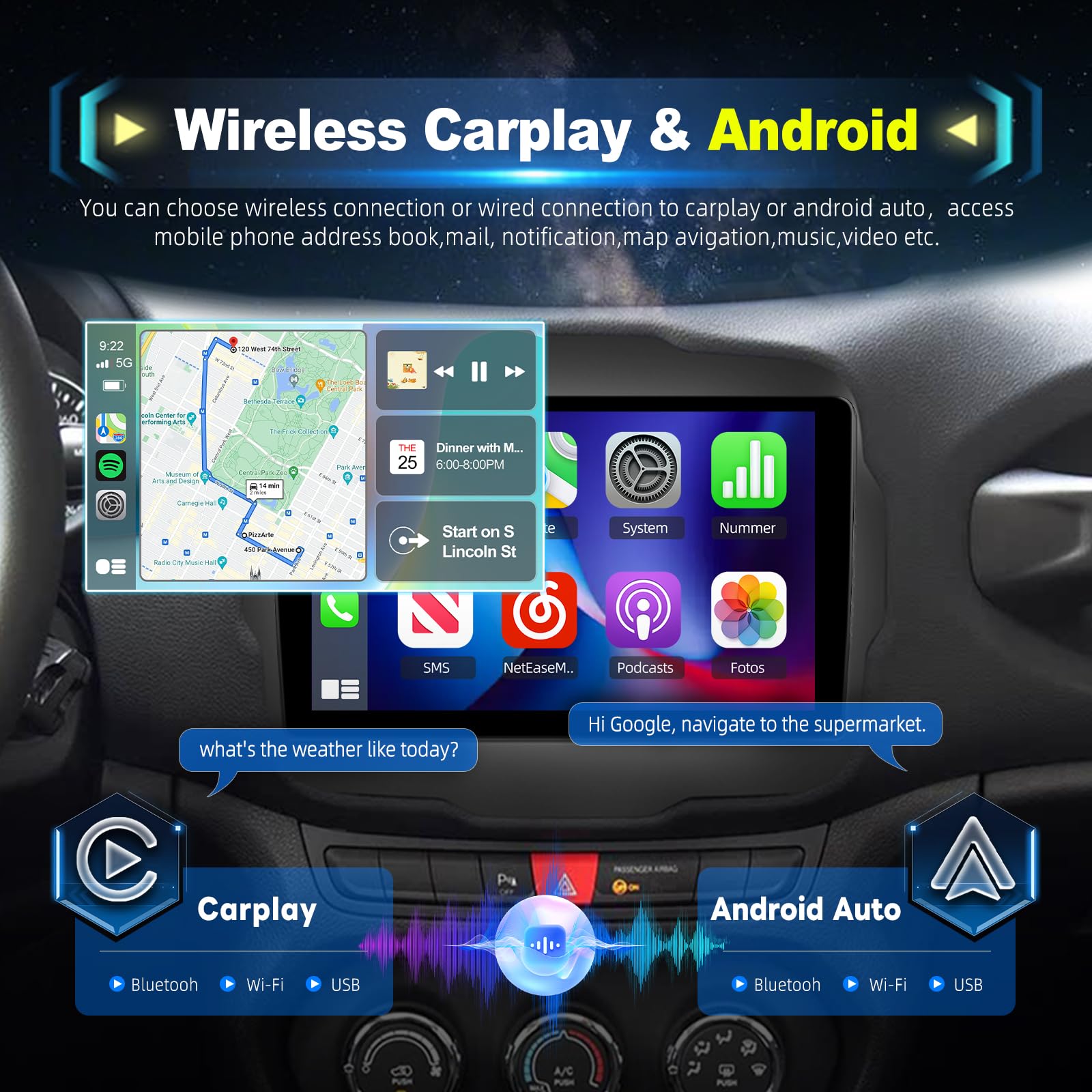 4G+128G Android Autoradio per Jeep Renegade 2016-2020 con Wireless Carplay & Android Auto, Schermo Touch IPS 9 pollici con GPS, WiFi, EQ, Bluetooth 5.0, Radio FM/RDS