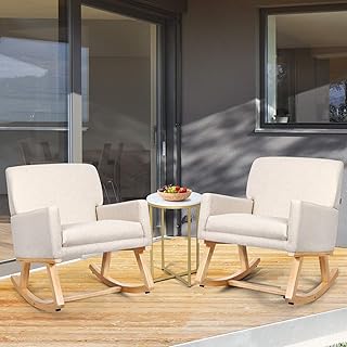 POWERSTONE Upholstered Rocking Glider Nursery Mid Century Accent Lounge Arm Chairs for Small Spaces Bedroom Living Room (Beige)