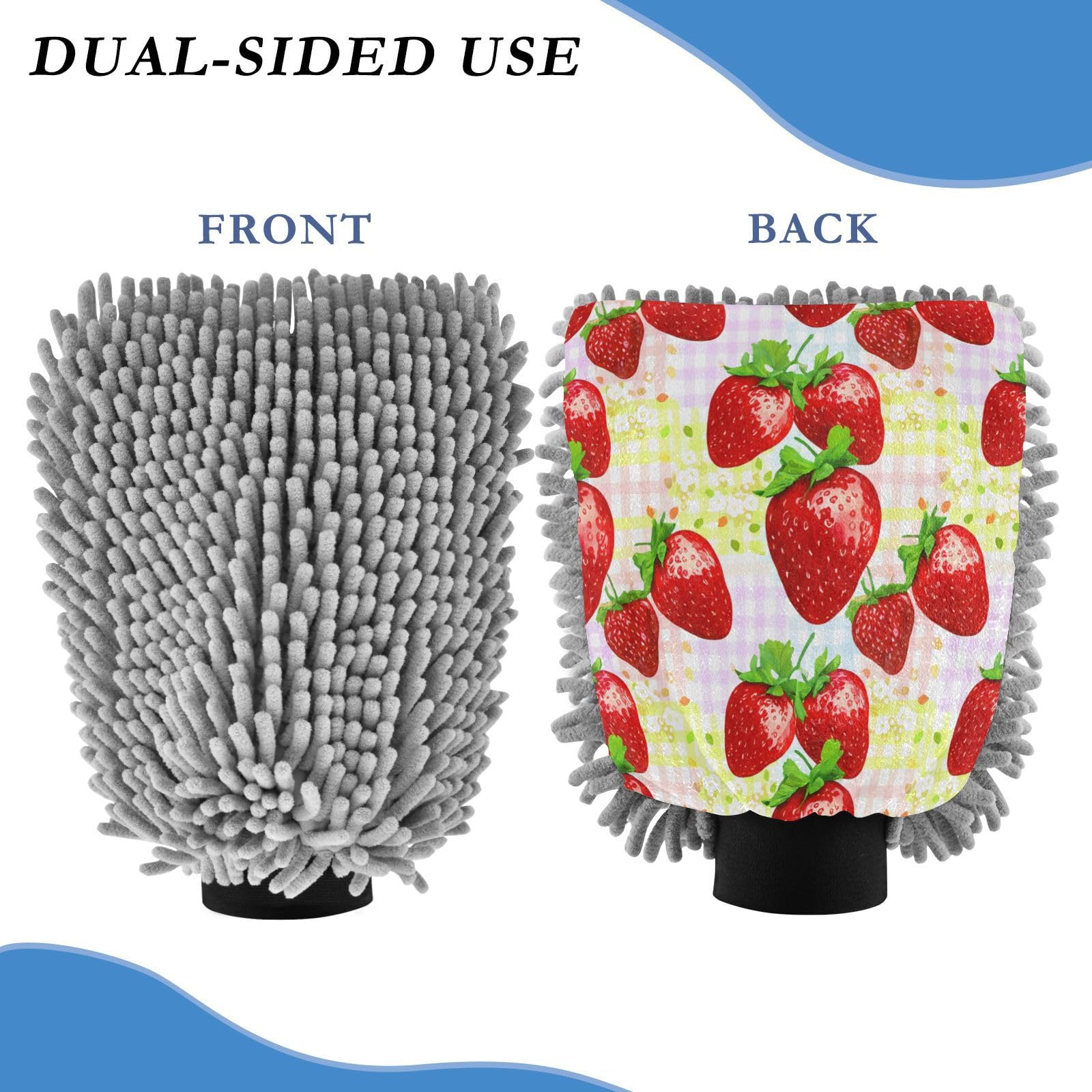 STAYTOP Cute Strawberries Car Wash Mitt Microfiber, 2Pcs Scratch Free Lint-Free, Premium Chenille Microfiber Mitt Car Wash Brush-M
