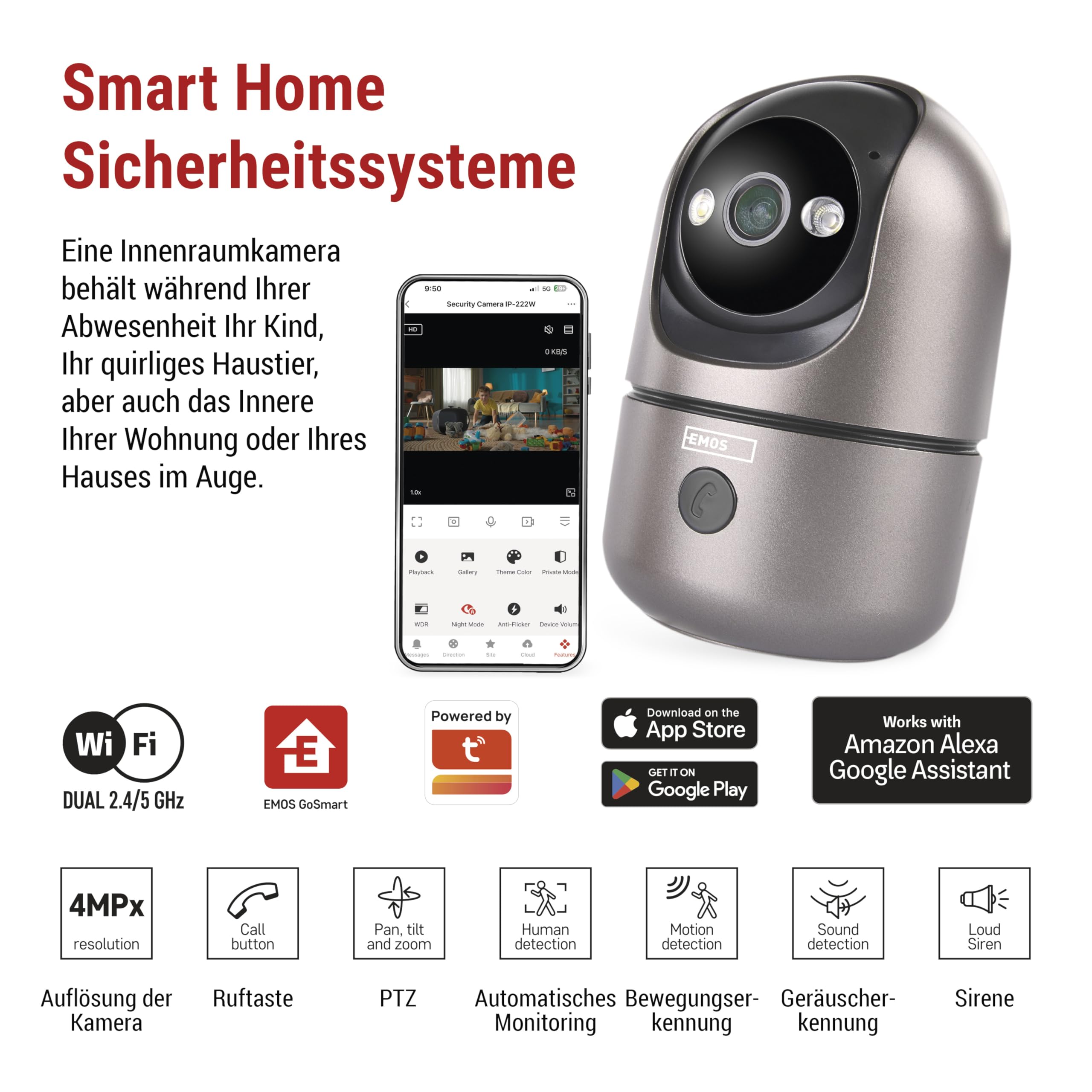 EMOS GoSmart Wewnętrzna kamera monitorująca 4MP z podwójnym WiFi i aplikacją, inteligentna kamera IP do wnętrz, wykrywanie i śledzenie ruchu, widoczność w nocy i ustawienie obszaru, 2-drożne audio