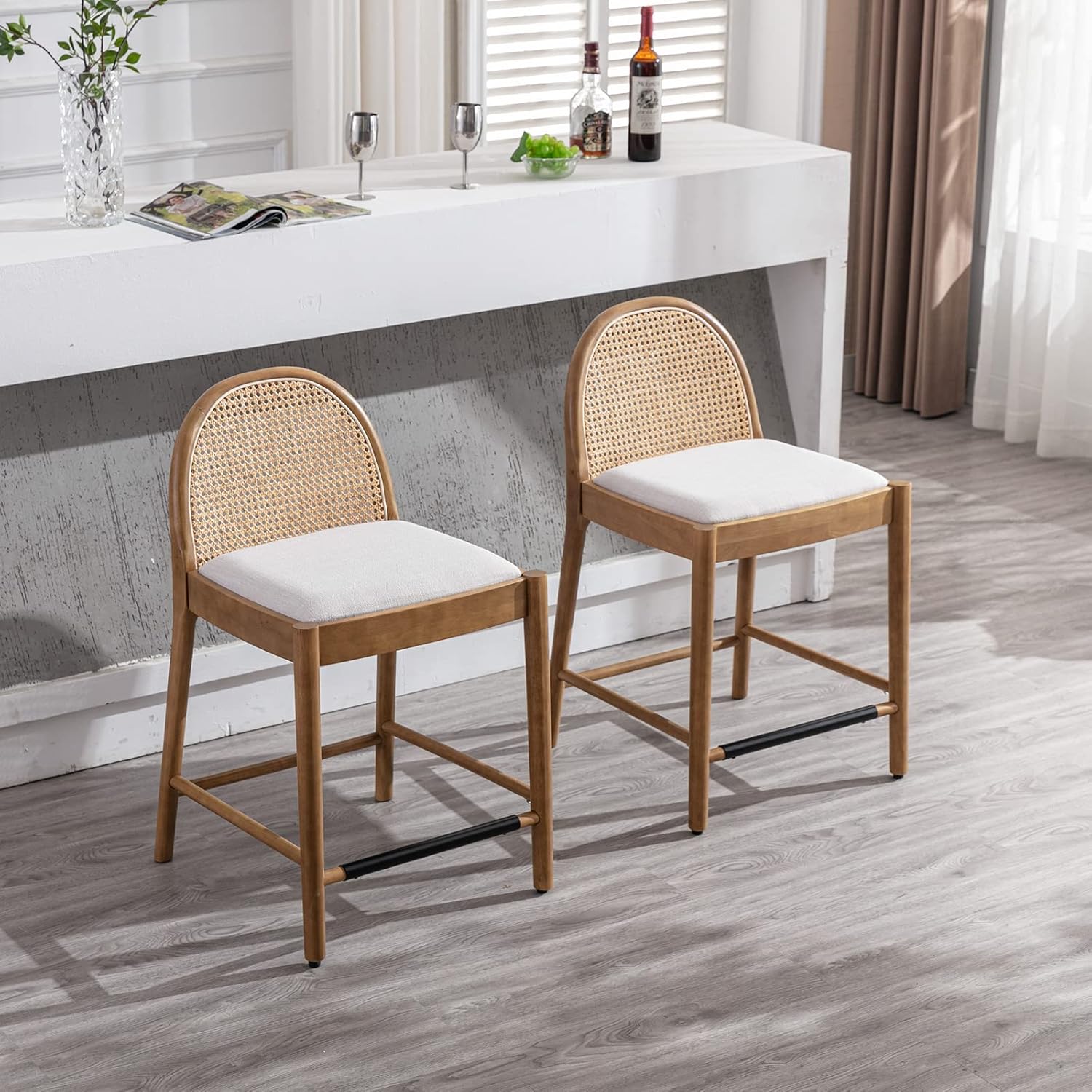 DUOMAY Modern Beige Rattan Counter Stools Set of 2, 26 Inch Height - Wooden Linen Upholstered Bar Stools Barstool with Oval Rattan Backrest - Armless Kitchen Island Stool Chair