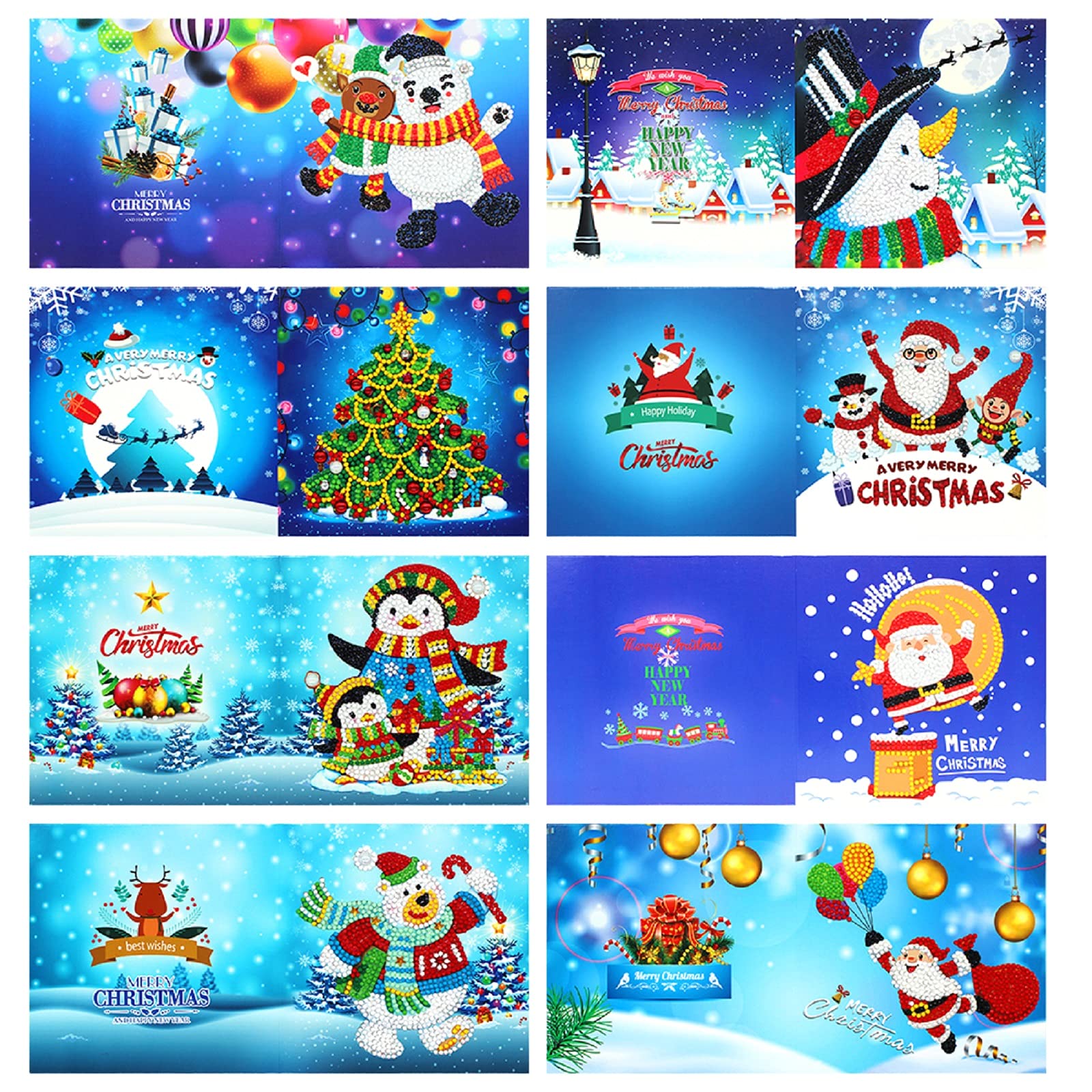 8 Pcs Christmas Greeting Cards 5D Diamond Art Kits, DIY Diamond Art Kits Cards Christmas Theme Design Birthday Greeting Cards Set Festival New Year Craft Gift (J)
