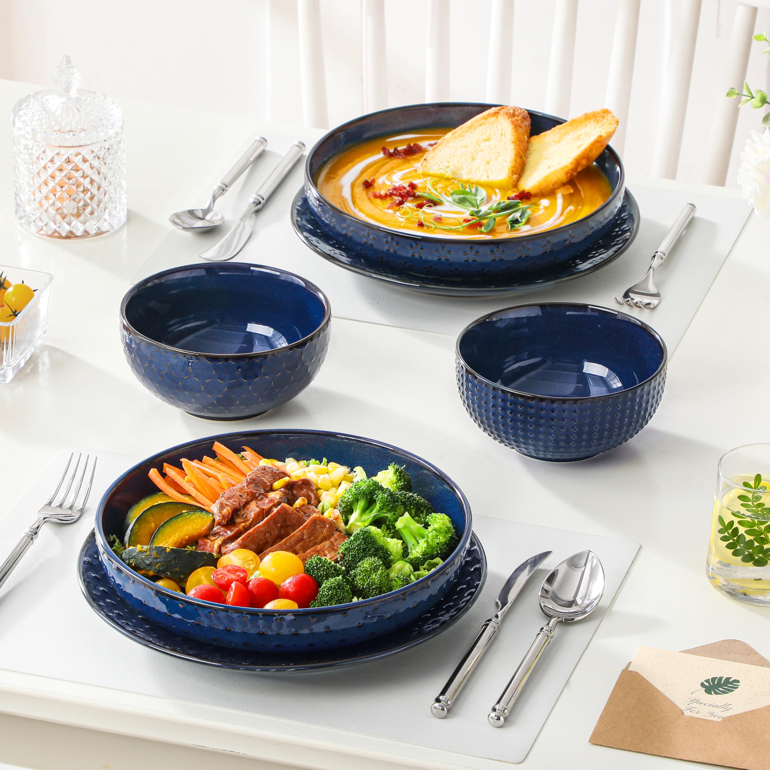 MALACASA LYDIA talerze do zupy, zestaw 4 sztuk, duże miski do zupy, 1570 ml, miski na makaron, Ø 24,1 cm szerokości i płaskie talerze głębokie do spaghetti, miski na makaron, duże miski do sałatek