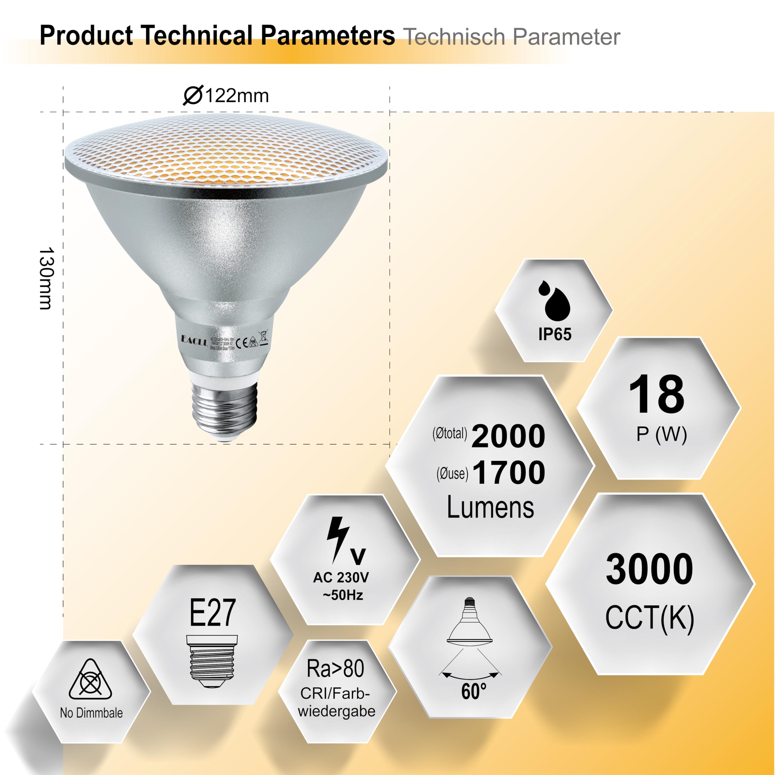 EACLL IP65 Lampadine LED E27 PAR38 18W Equivalente 120W, Pacco da 4, 1700lm 3000K Bianco Caldo, Faretti AC 230V senza Sfarfallio, Angolo a Fascio 60° Spot, Non Dimmerabile Lampade Riflettore