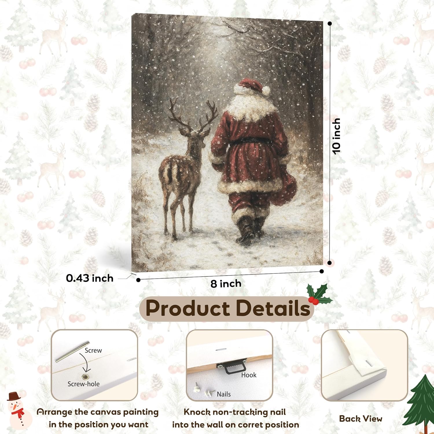 FGFK Vintage Christmas Reindeer and Santa Wall Art Decor Framed, Holiday Winter Christmas Decor, Rustic Xmas Snowy Forest Canvas Prints Poster Wall Decorations for Home Bedroom Living Room, 8x10 Inch