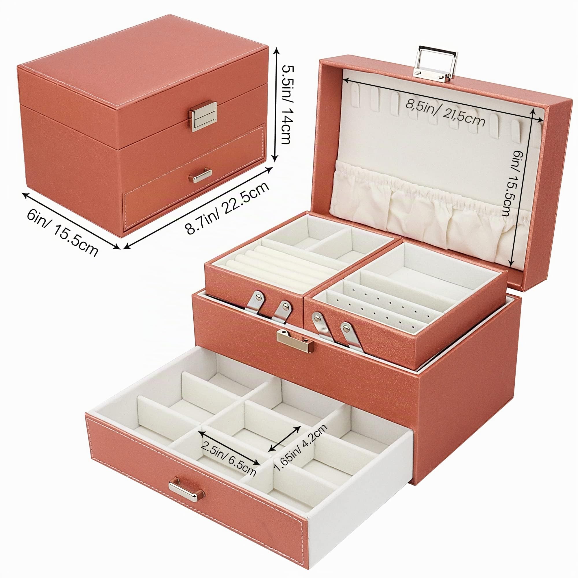 Schmuckkasten, Schmuckkästchen mit Schubladen für Damen Mädchen, PU-Leder Jewelry Box Schmuckbox Schmuckschatulle Groß Schmuckaufbewahrung für Ringe Ohrringe Armbänder Halsketten, Roségold