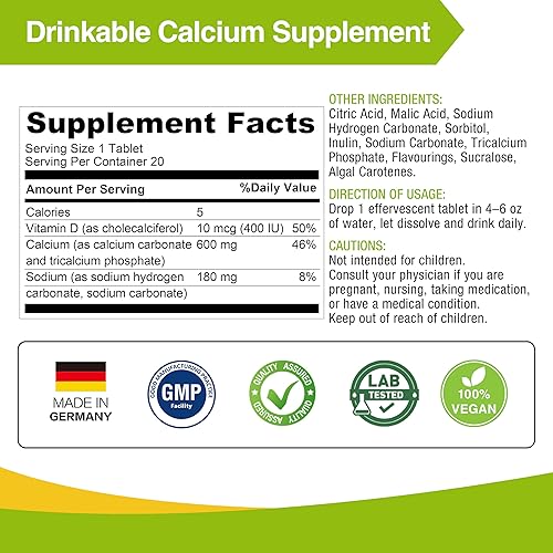 Miniatura 3 de LOVITA Calcio + VIT D3 Tabletas efervescentes 20 unidades, 600 mg de calcio con 400 UI D3, apoya la salud ósea y muscular, sabor a limón, vegano,