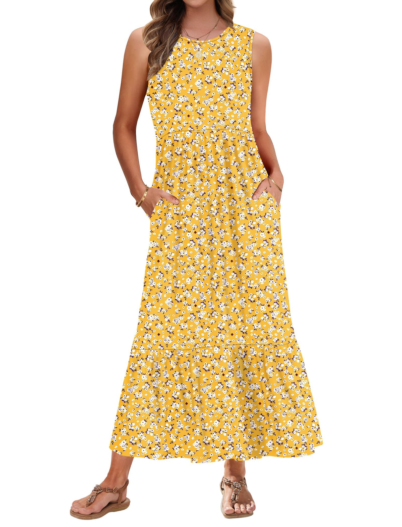 AUSELILY Summer Dresses for Women UK Sleeveless Maxi Ladies Beach Coverups Sun Dresses Tiered Long Dress with Pockets Yellow Floral XXL
