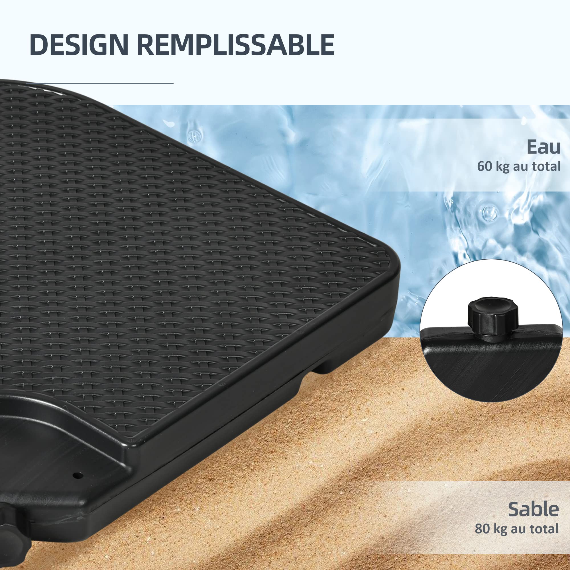 Outsunny Lot de 4 Dalles de lestage pour Parasol déporté - à remplir d'eau ou de Sable jusqu'à 60/80 kg - 99 x 99 x 8 cm Noir