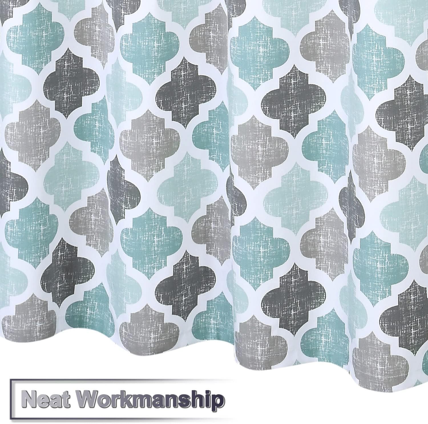 CAROMIO Fabric Shower Curtain 84 Inch Long, Geometric Quatrefoil Pattern Poly-Cotton Farmhouse Shower Curtain Extra Long, Aqua/Mint/Grey, 72x84 Inches