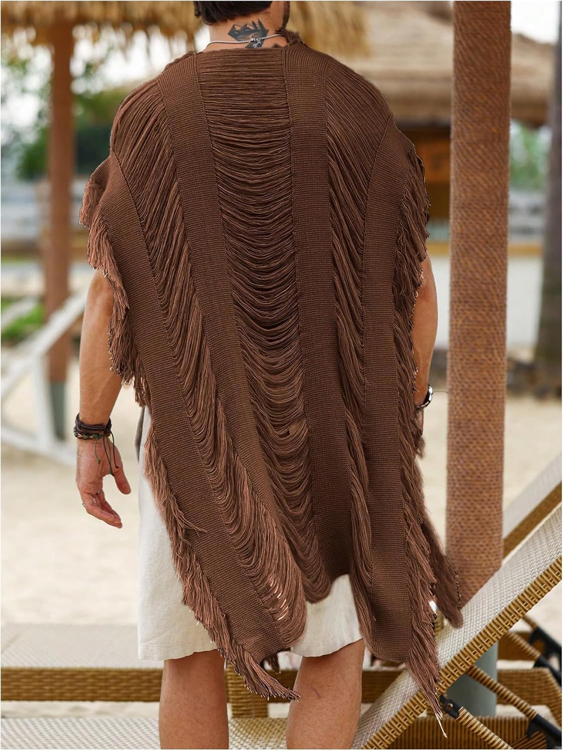 Verdusa Men's Knit Poncho Fringe Loose Cardigan Cape Knit Shawl Wrap Beach Vacation Outfits - Image 2