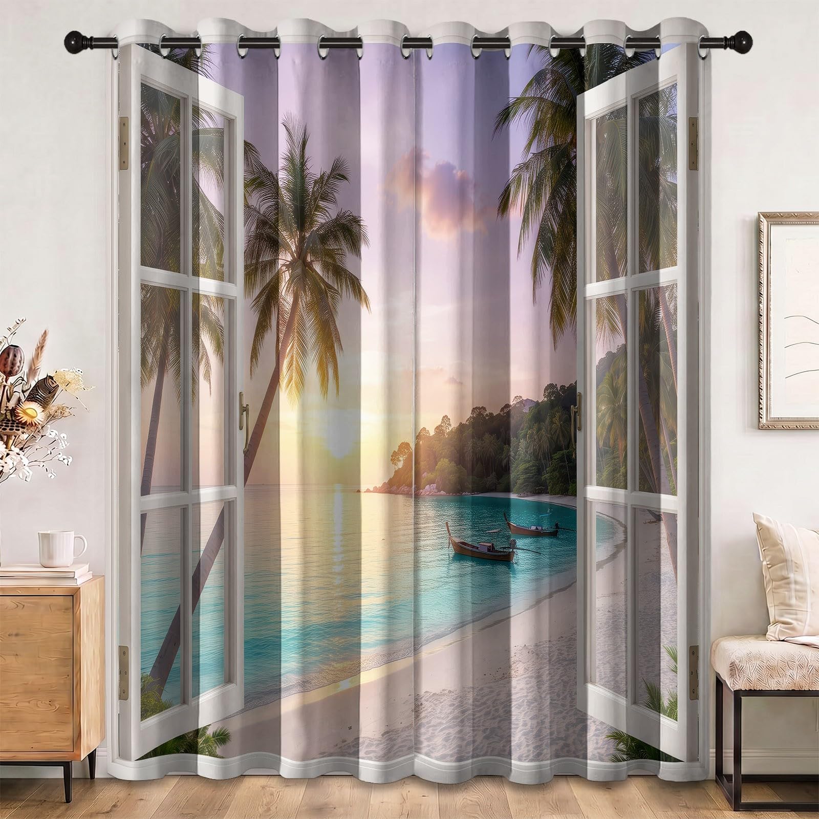 Verdunkelungsvorhänge Naturlandschaft, Französische Fenster Strand Sonne Kokospalmen Boot Vorhänge Ösen für Wohnzimmer, H245 x B100 cm 2 Paneele Blickdicht Thermovorhang Dekor für Schlafzimmer, Bunt