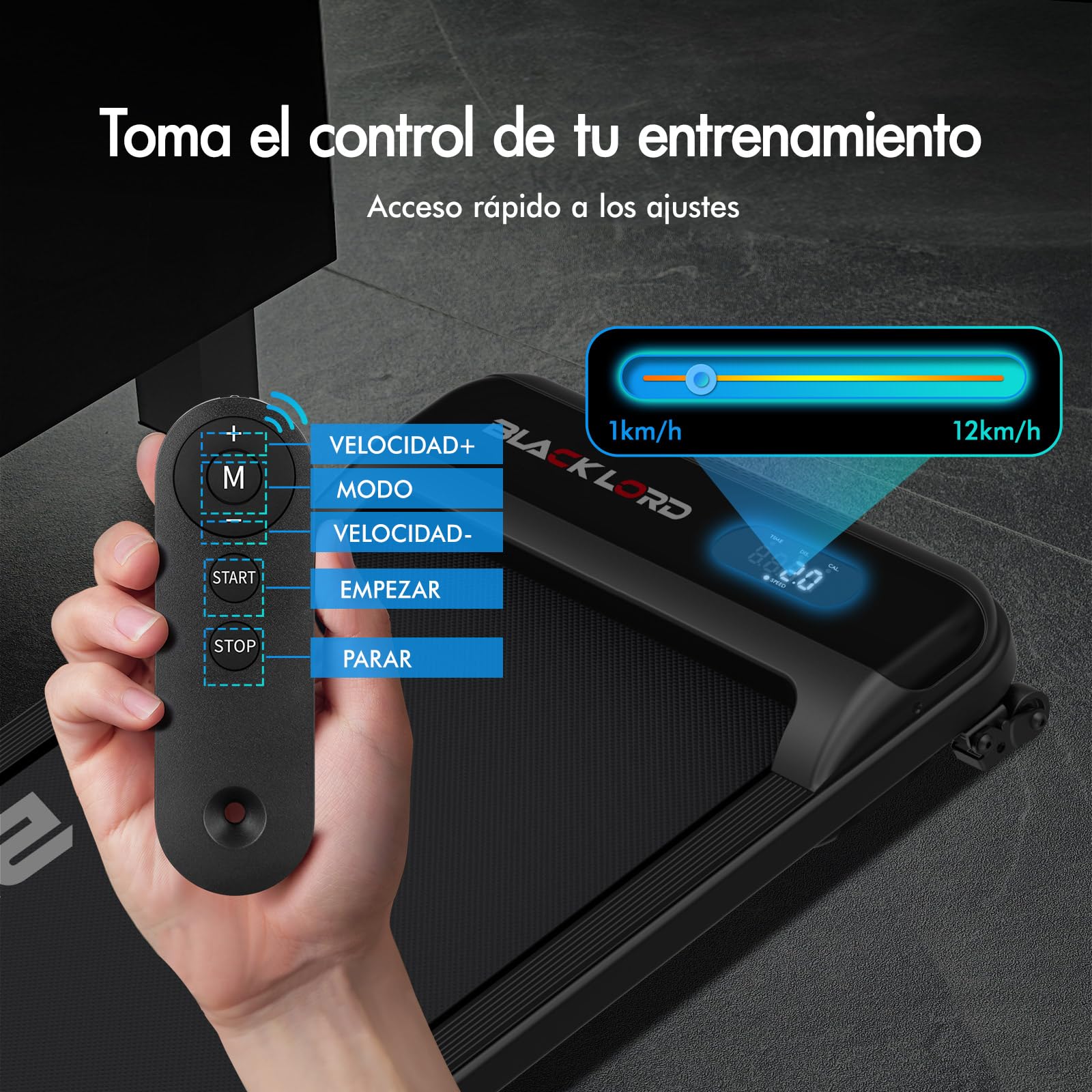 BLACK LORD Cinta de Correr, Walking Pad 9/12/16km/h, Superficie de Carrera con/sin inclinación del 9%, para Debajo del Escritorio, Pantalla LED, portátil,silenciosa,Capacidad de Peso de 120/130/140kg
