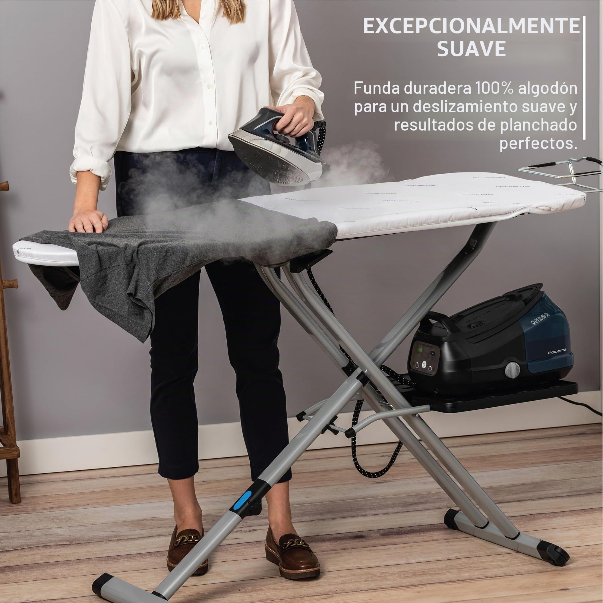 Rowenta IB9100 Pro - Tabla de Planchar Plegable Profesional compacta para Ahorrar Espacio, 4 Patas con estantes para Colgar y Funda de algodón, 18 54 Pulgadas, Beige, Metal, 18 x 54 Pulgadas