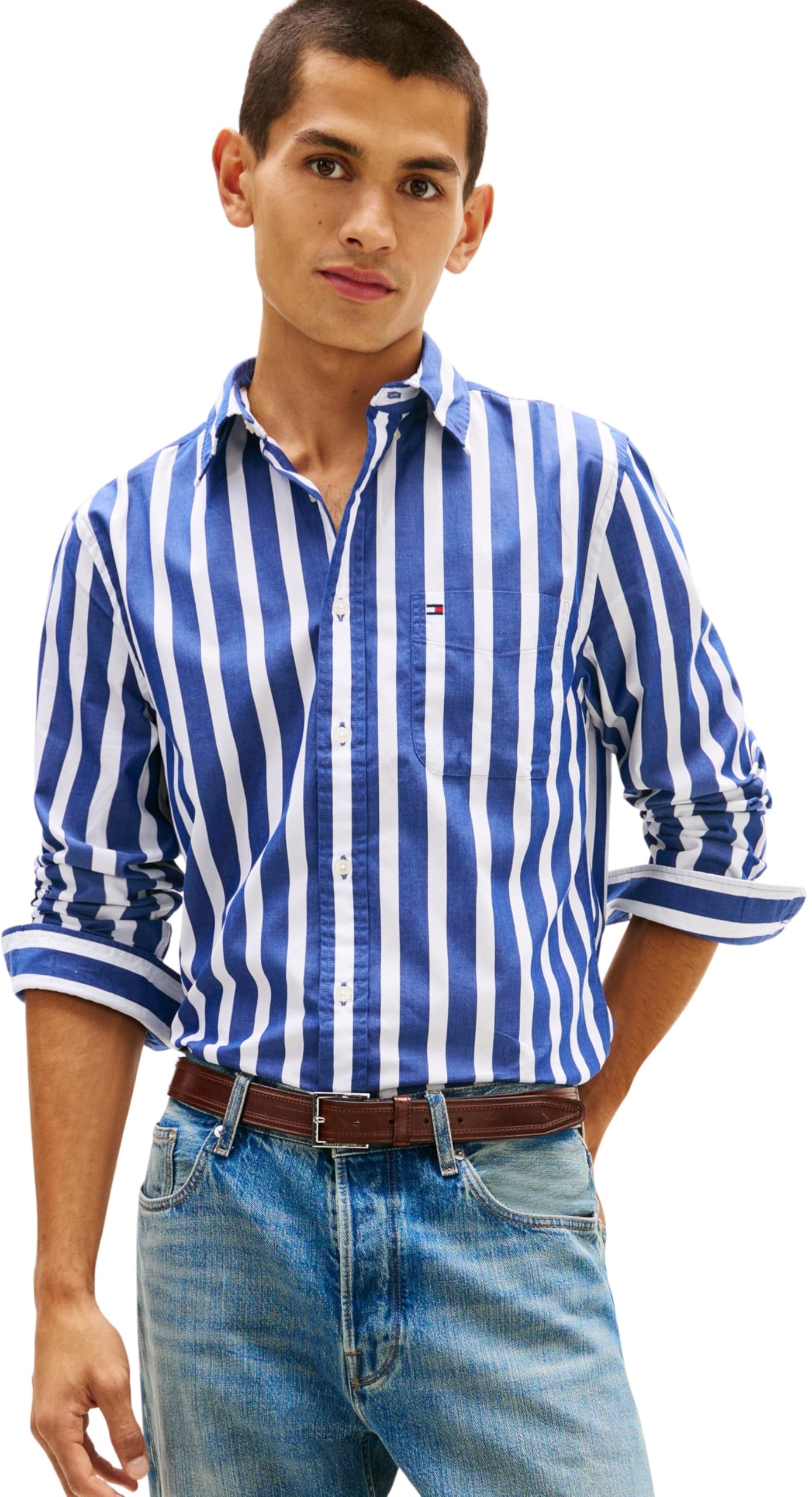 Tommy Hilfiger Men Flex POPLIN Bold Stripe Shirt MW0MW41715 L/S Shirt, Blue, L
