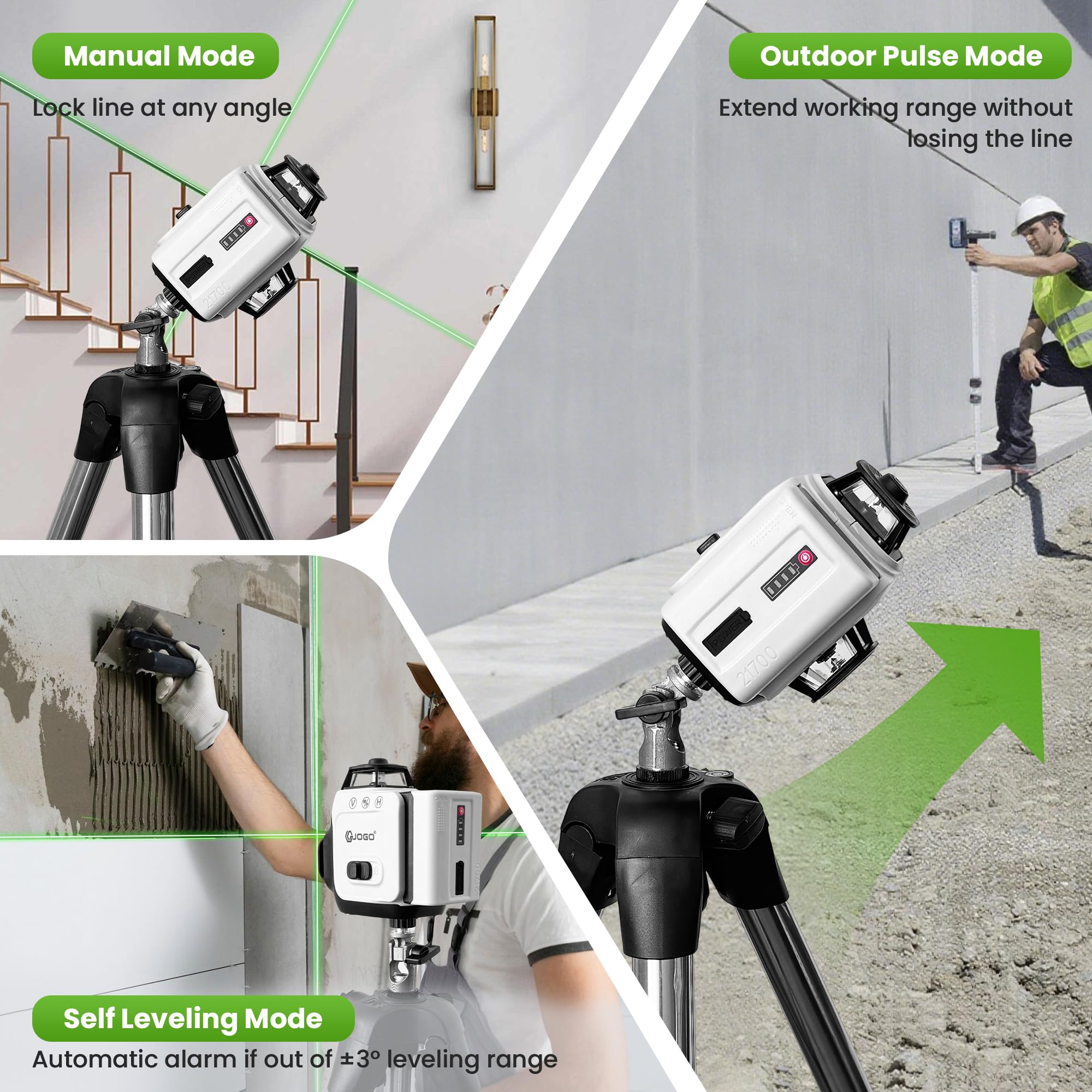 Laser Level 360 Self Leveling, 3x360° 3D Green Line Laser Level for Picture Hanging, Rechargeable Lazer Level with Type-C Charger, 2 * 6000mAh Batteries, Magnetic Rotating Stand and Hard Case