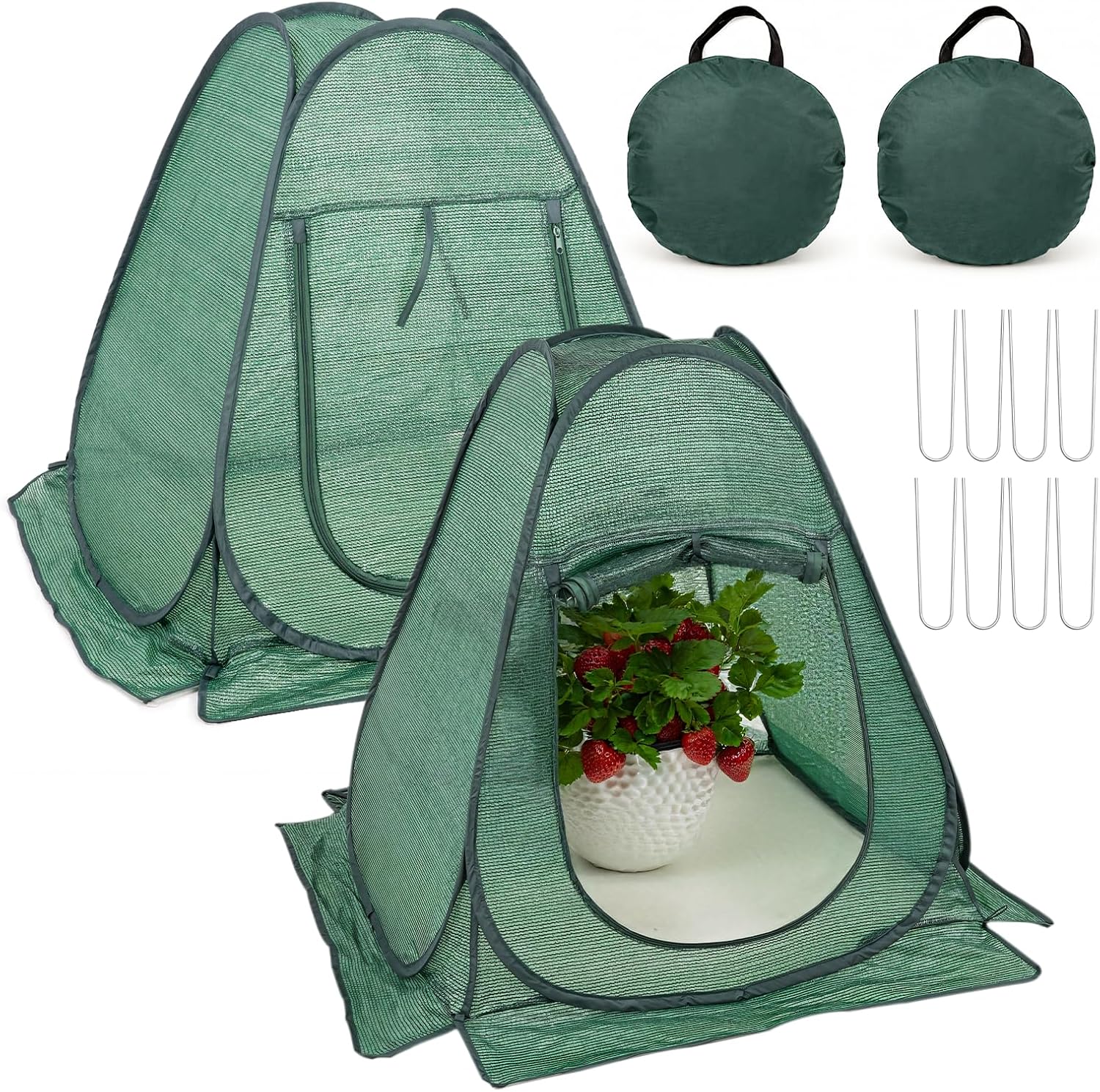 SPECILITE 28x28x32 in Pop Up Plant Shade Cover Tent, Plant Protectors from Animals, Garden Netting Cover with Zip Entry for Protect Flower Tomato Vegetable from Deer Cat Bird Squirrel, Green-2 PCS