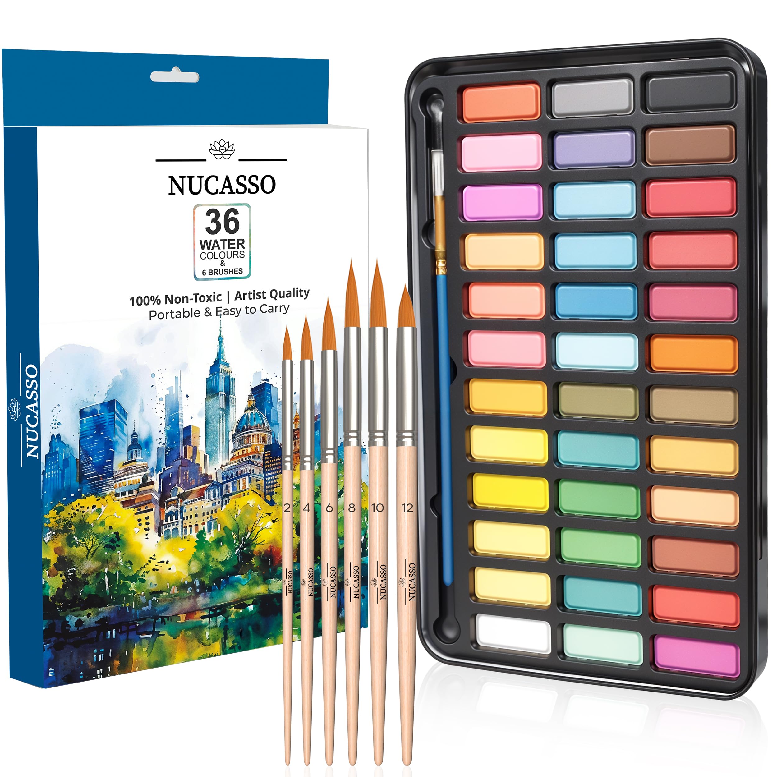 NUCASSO Watercolour Paint Set – 36 Colours, 7 Brushes & Travel Palette
