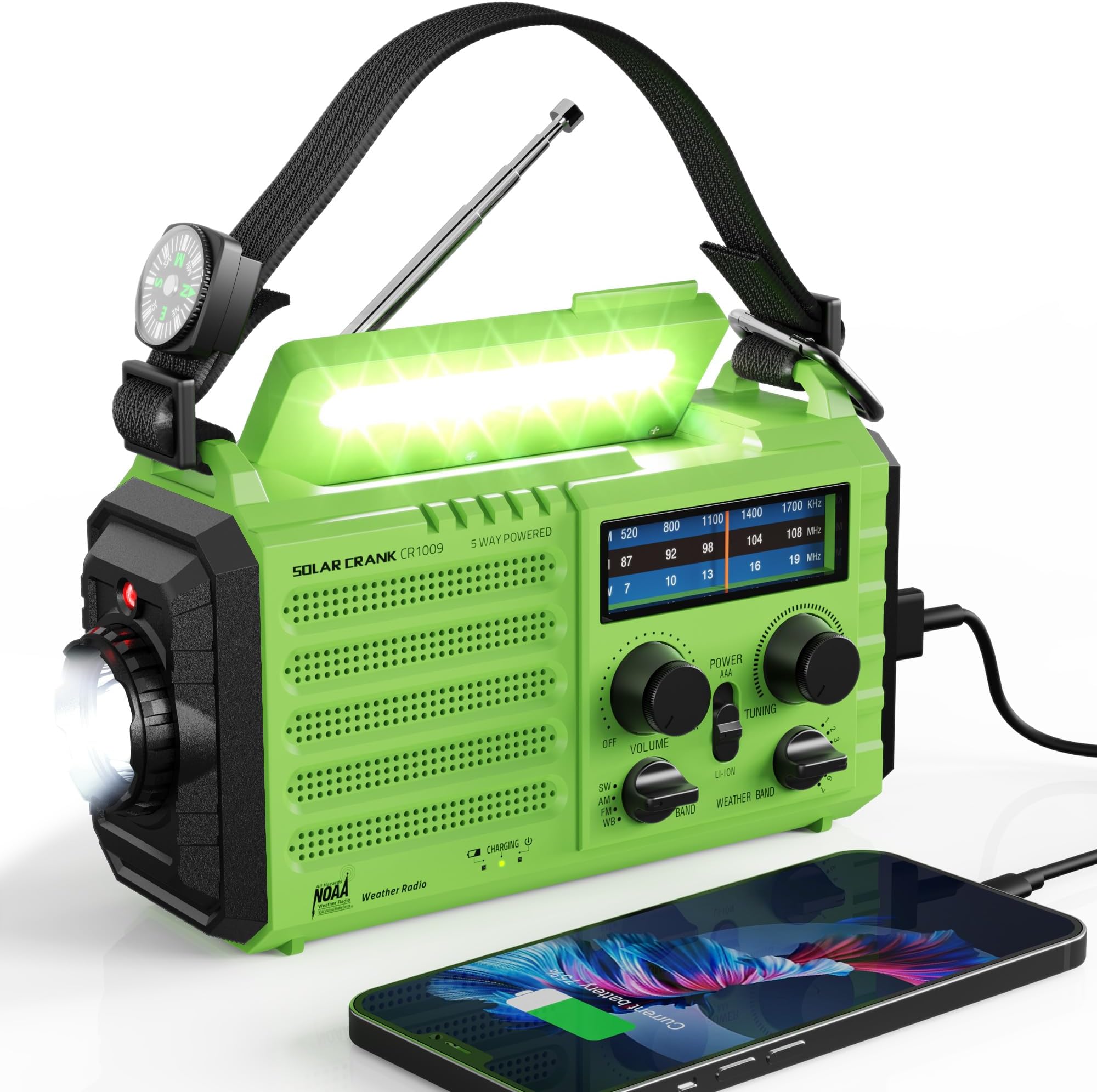 Weather Radio, Raynic Solar Hand Crank, Emergency Radio, 5-Way Power Supply AM/FM/SW/NOAA Weather Alarm Portable Radio with Flashlight Reading Light (Green)