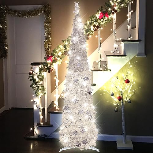 Miniatura 6 de Árbol de Navidad desplegable de 5 pies para decoración de interiores, mini árbol de Navidad preiluminado con 60 luces, árbol de lápiz artificial