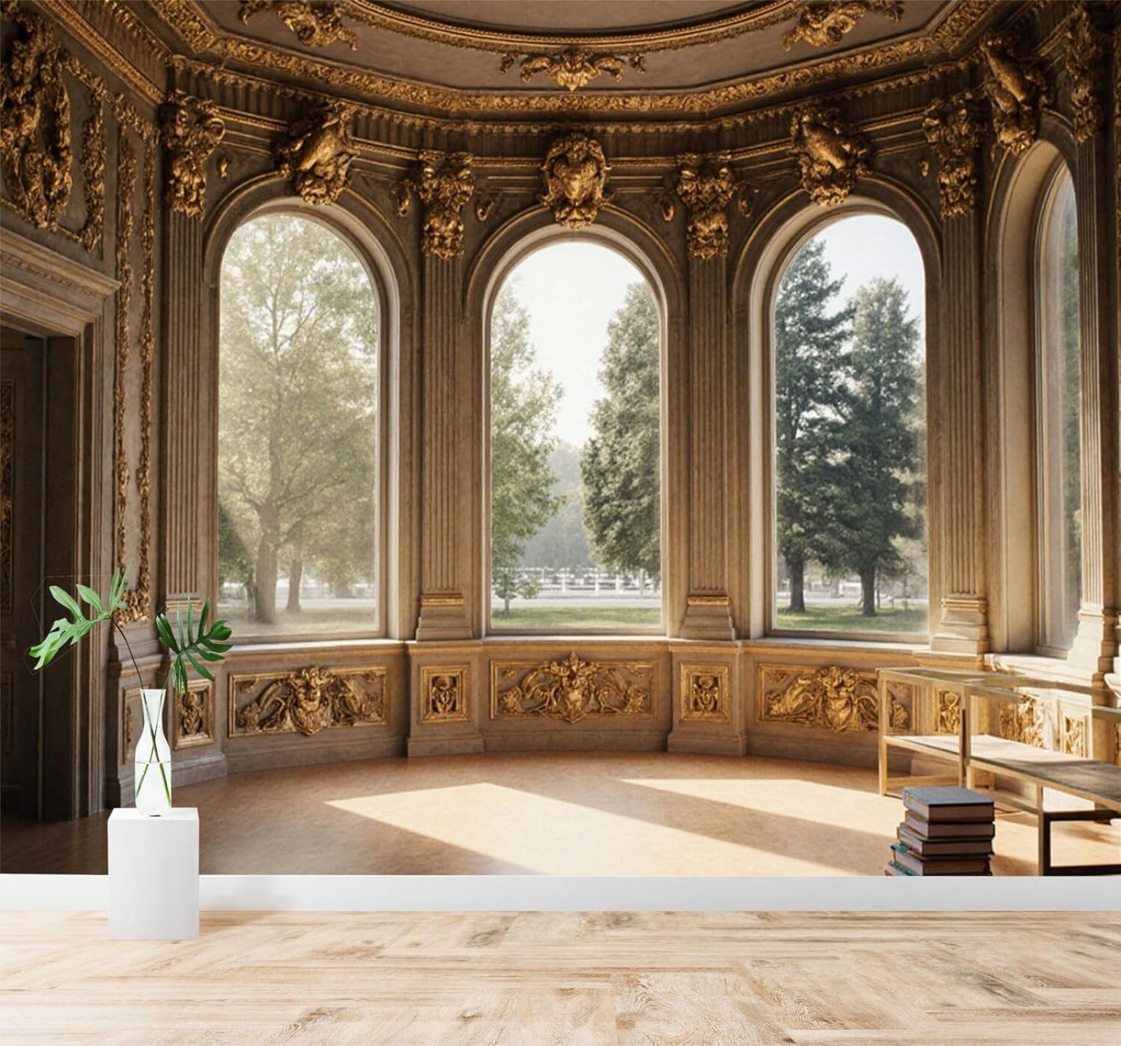 Xlming 300Cm×210Cm(B×H) Elegant Palaces Arched Windows Gilded Wall Decorations Sun Drenched Garden Views 3D Wallpaper Silky Texture Home Study Office Grey Dining Room Sofa Bedroom Living Room Tv Backdrop-300Cm×210Cm