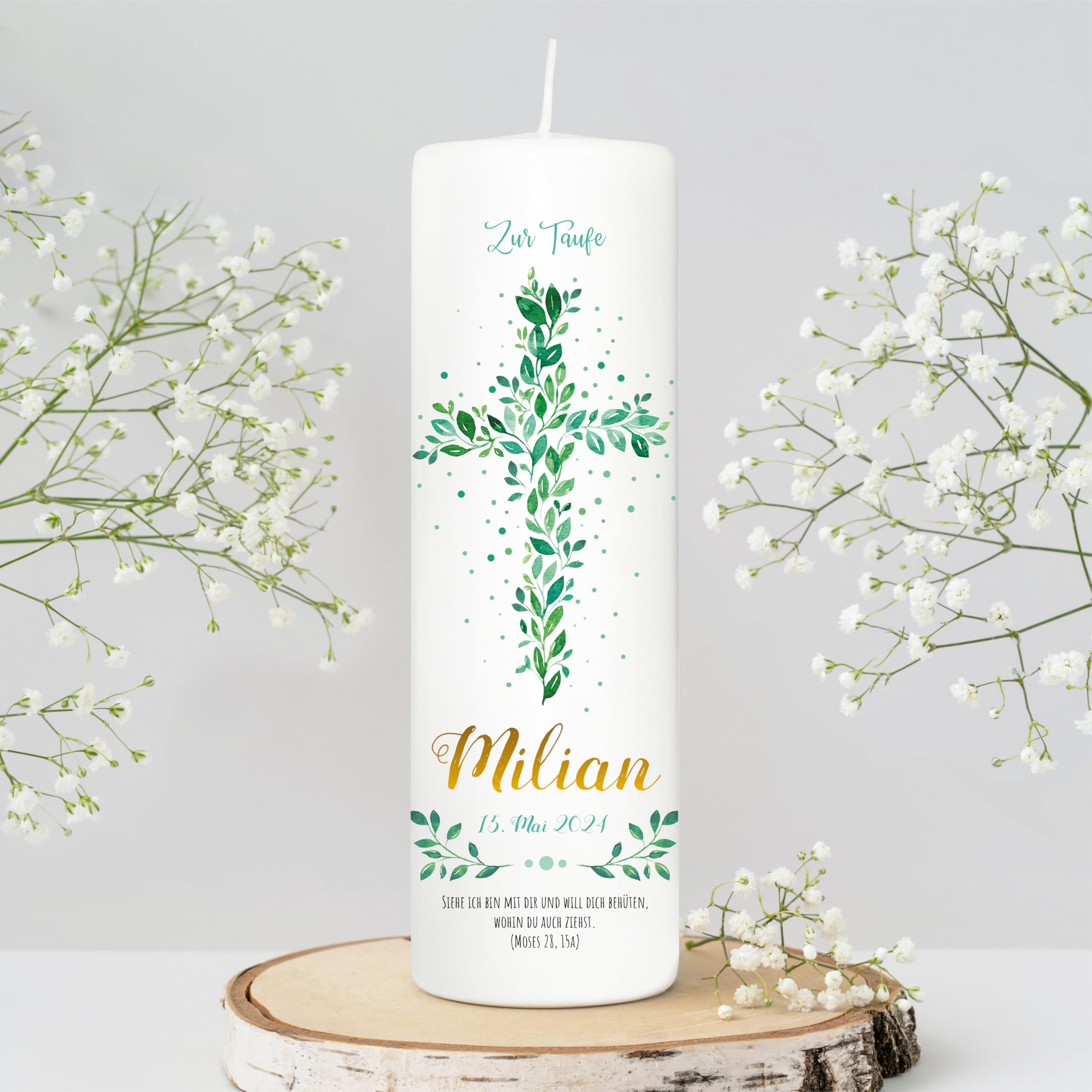 Bougie Baptême personnalisée Fille Garçon motif Croix florale verte – Cierge Baptême avec prénom, date et message – Bougie imprimée – cierge personnalisé – 25 x 8 cm