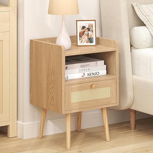 Vista 2 de Night Stand Set 2, Nightstands Set of 2 with Charging Station, Rattan Side Tables with Solid Wood Legs, Boho Bedside End Table for Farmhouse Bedroom