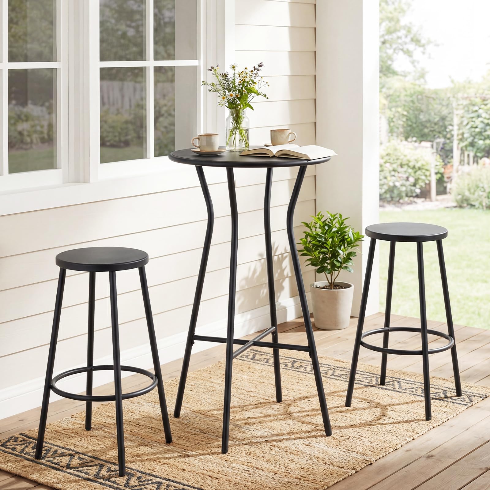COSTWAY Mesa de Bar Alta Exterior, 55,5 x 93 cm, Mesa Alta Redonda con Reposapiés en Forma de X, Estructura de Metal, Interior y Exterior Terraza Patio, Negro
