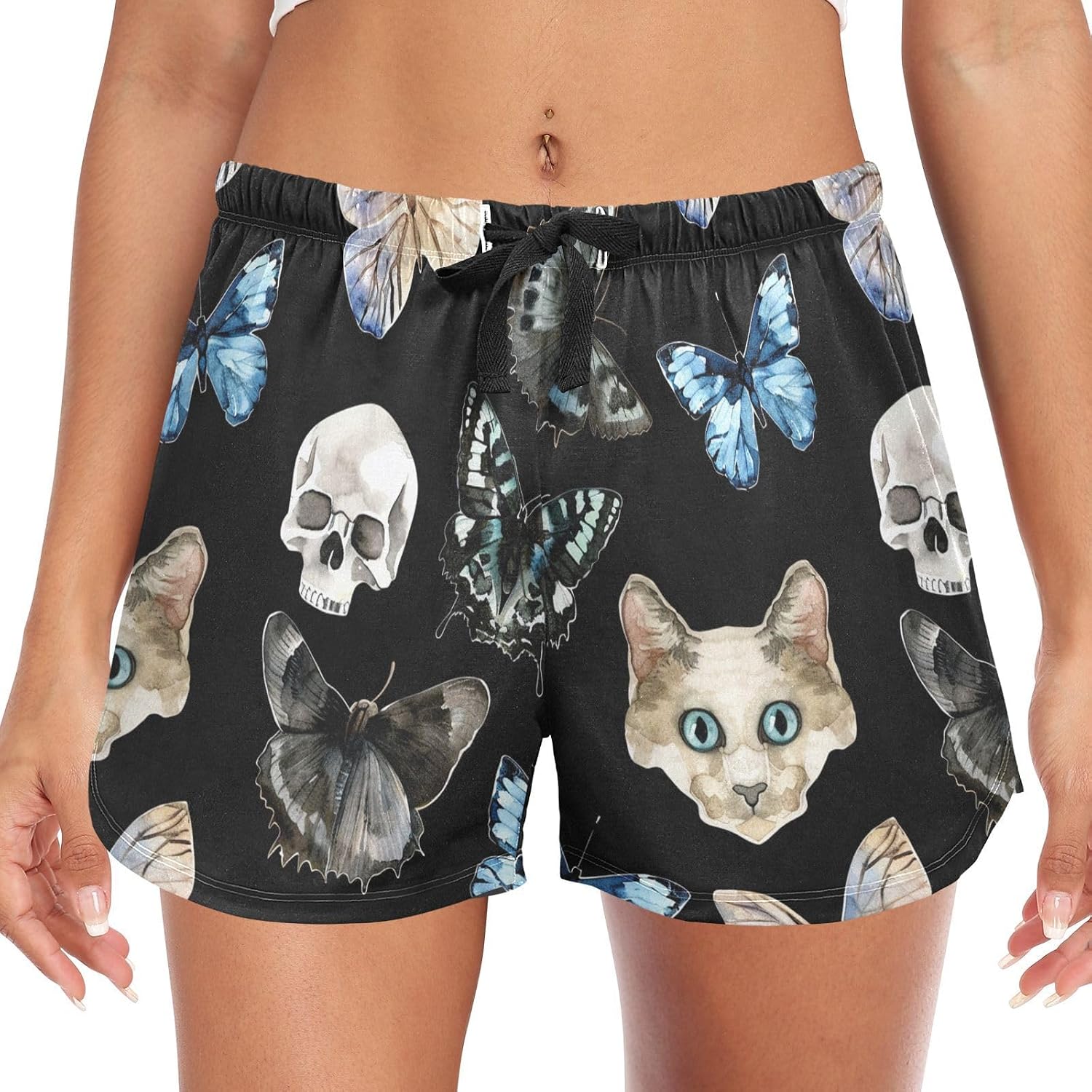 Women's Pajama Shorts Skull Butterfly Cat Gothic Sleepwear Lounge Sleep Bottom with Pockets S-XXL