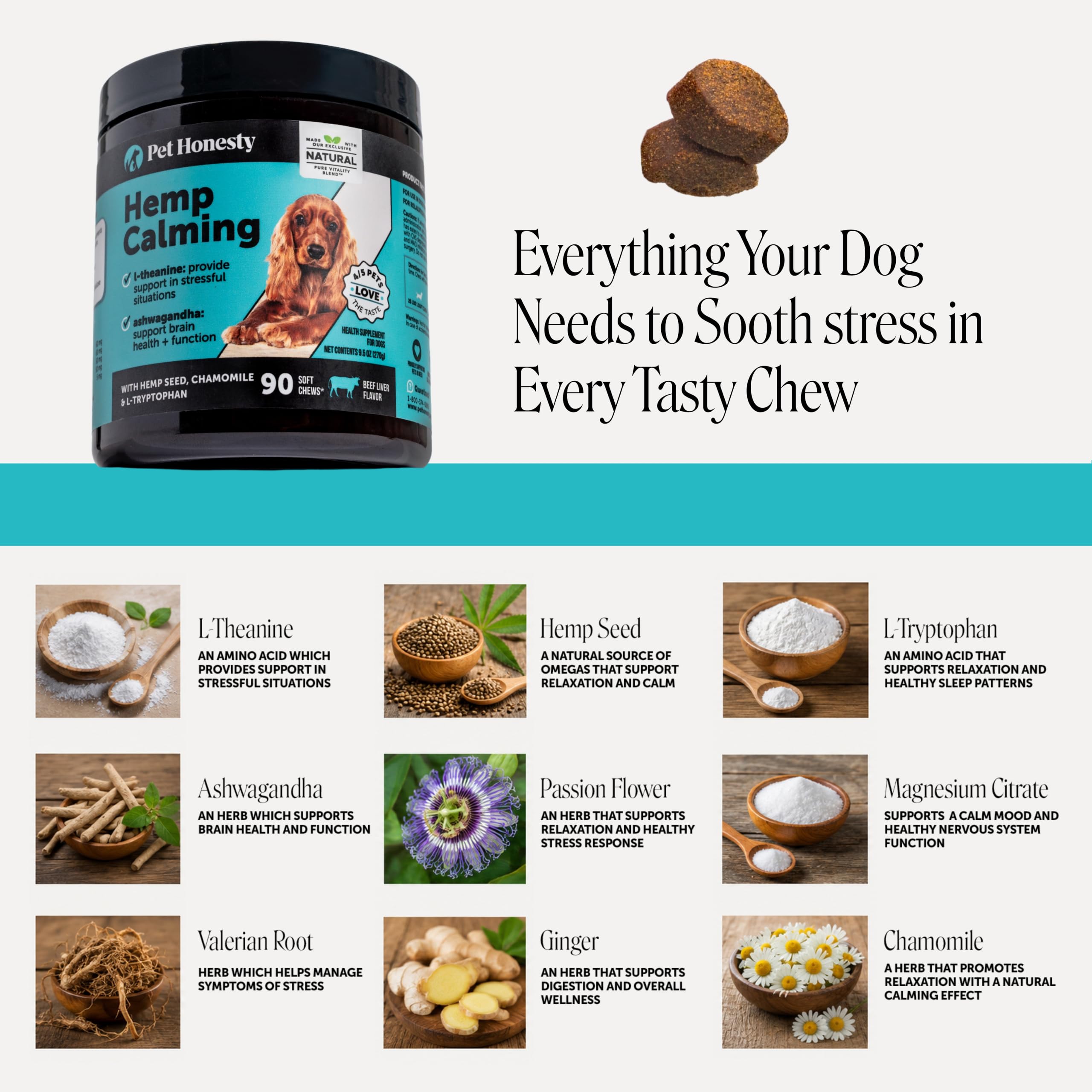 Pet Honesty Cáñamo natural calmante para perros – Alivio de la ansiedad en perros – Calmante con raíz de valeriana, manzanilla + magnesio – Estrés, separación y ayuda a los truenos