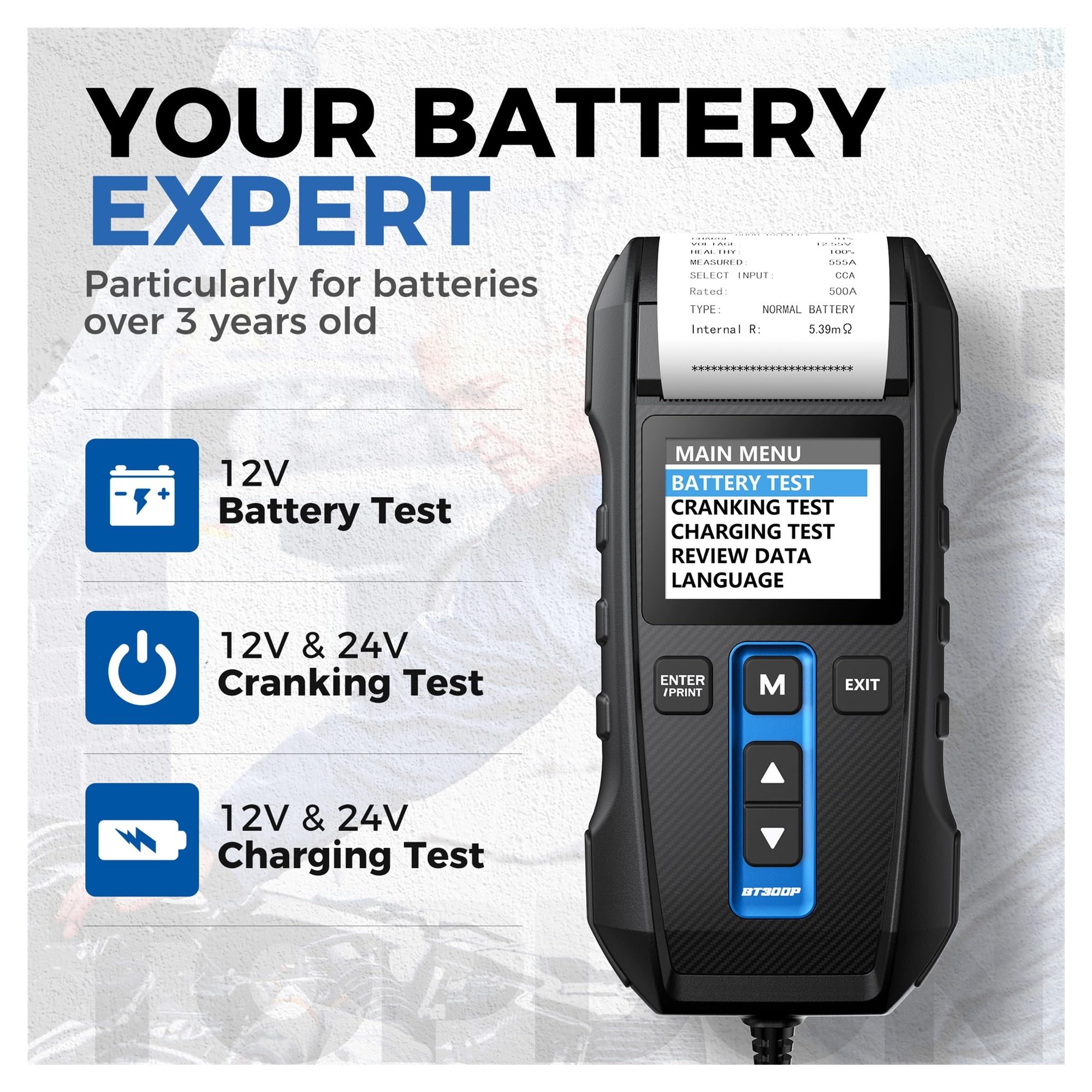 Comprobador de batería BT300P con Impresora, Prueba Carga Coche 12 V for Motocicleta, analizador Arranque y automática