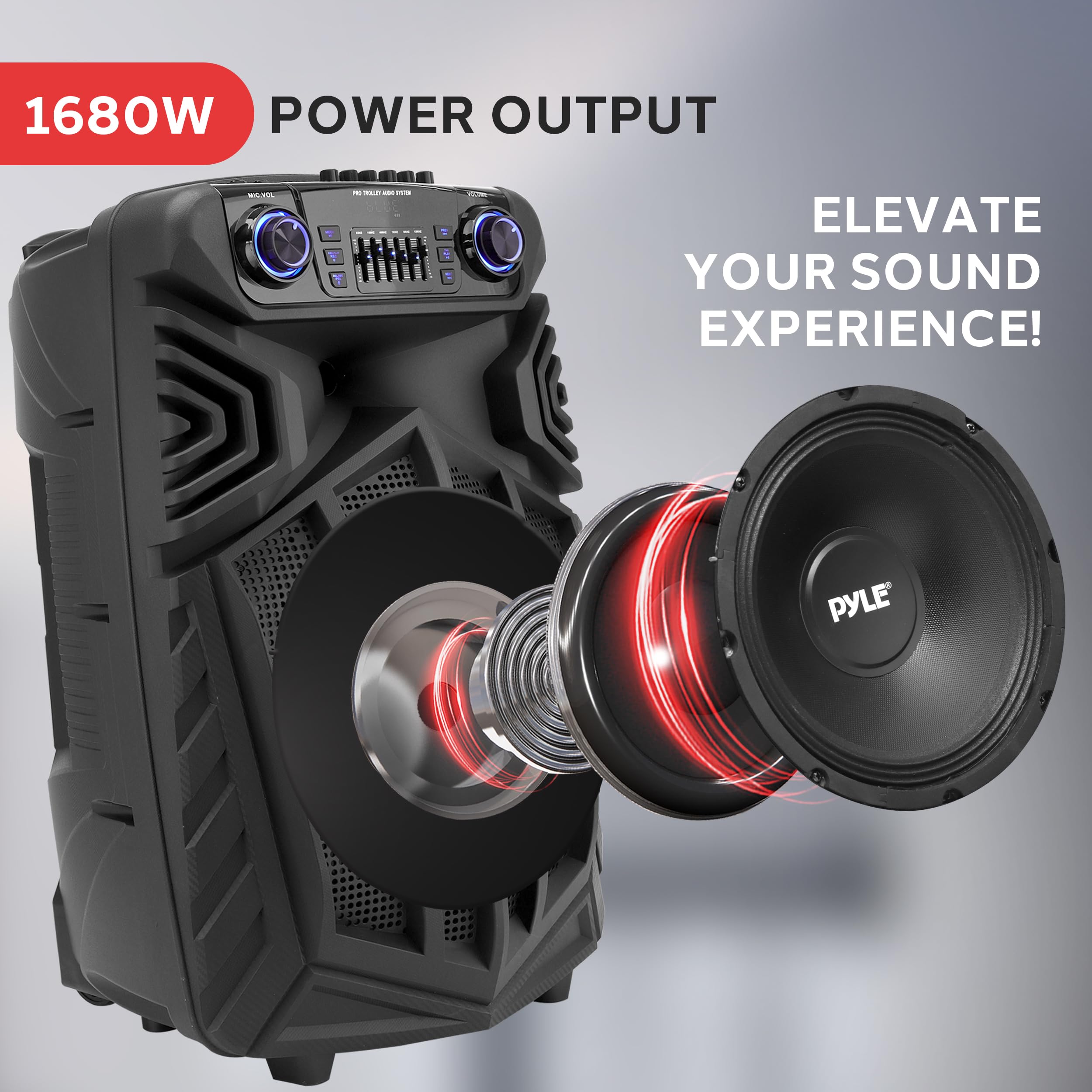 Pyle Głośnik Bluetooth, głośnik Bluetooth, głośnik i przenośna obudowa PA 1680 W, subwoofer 38 cm, ładowalny, karaoke i imprezy plenerowe z bezprzewodowym mikrofonem, kołami, lampkami LED, FM/AUX/MP3