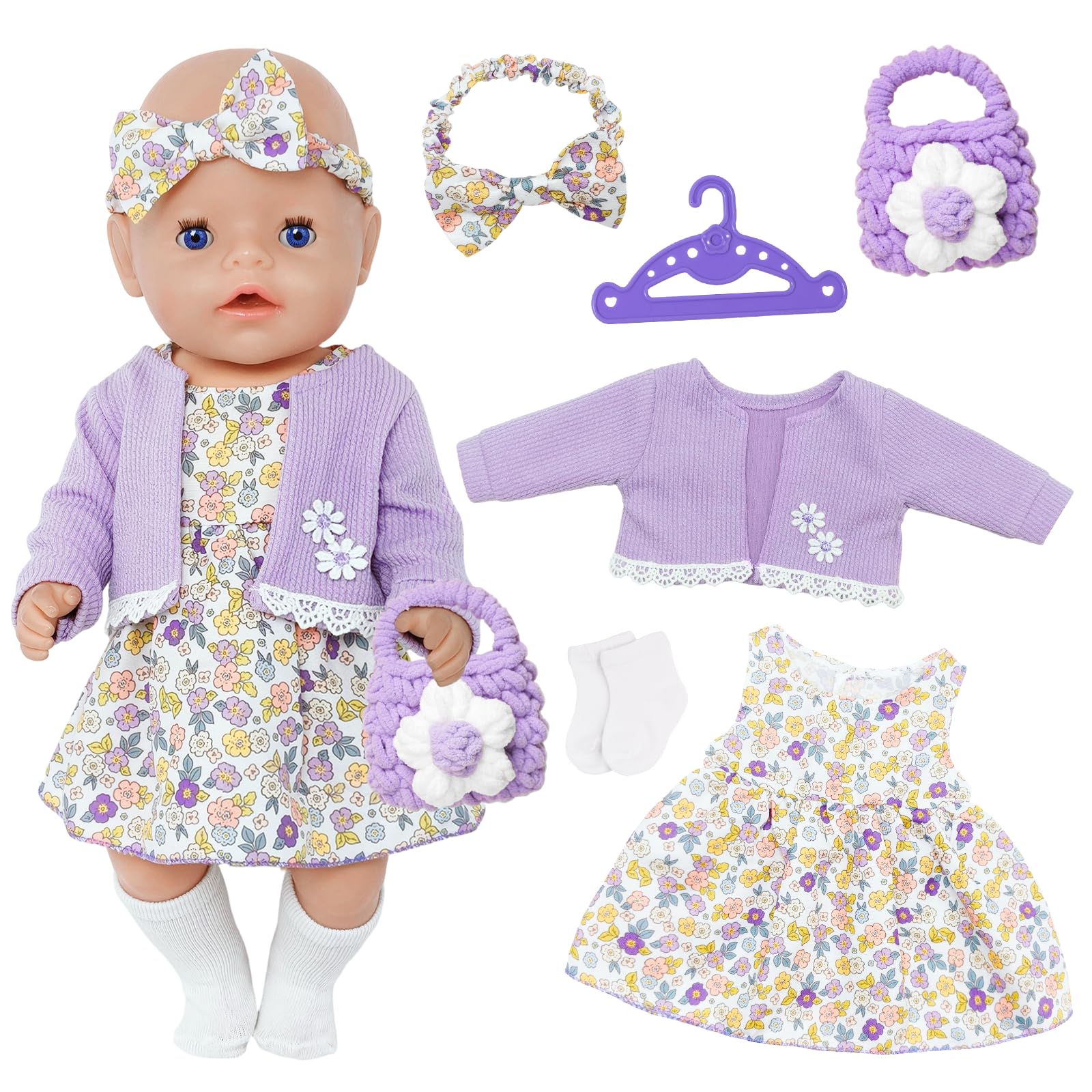 Doll Clothes for 14-18 Inch Baby Dolls, 6 Pcs Sweet Baby Doll Clothes for 30-45cm Baby Dolls with Lavender Dress Coat Hair Accessory Bag Hanger and Socks, Baby Doll Accessories Kids Birthday Present
