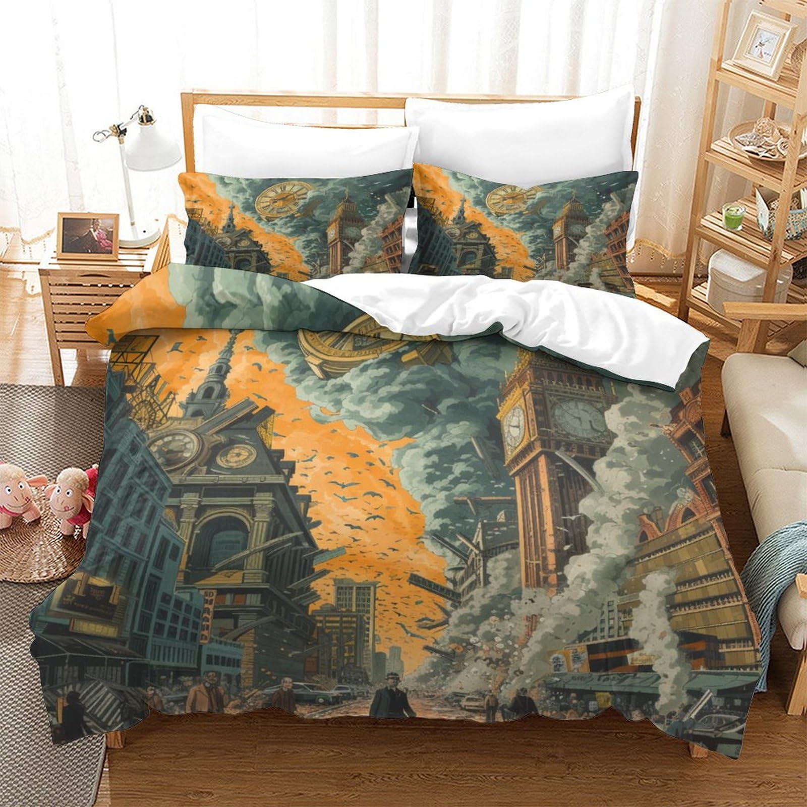 Housse de couette 260x240 motif Big Ben parure de lit 3 pièces microfibre zippée taie d'oreiller