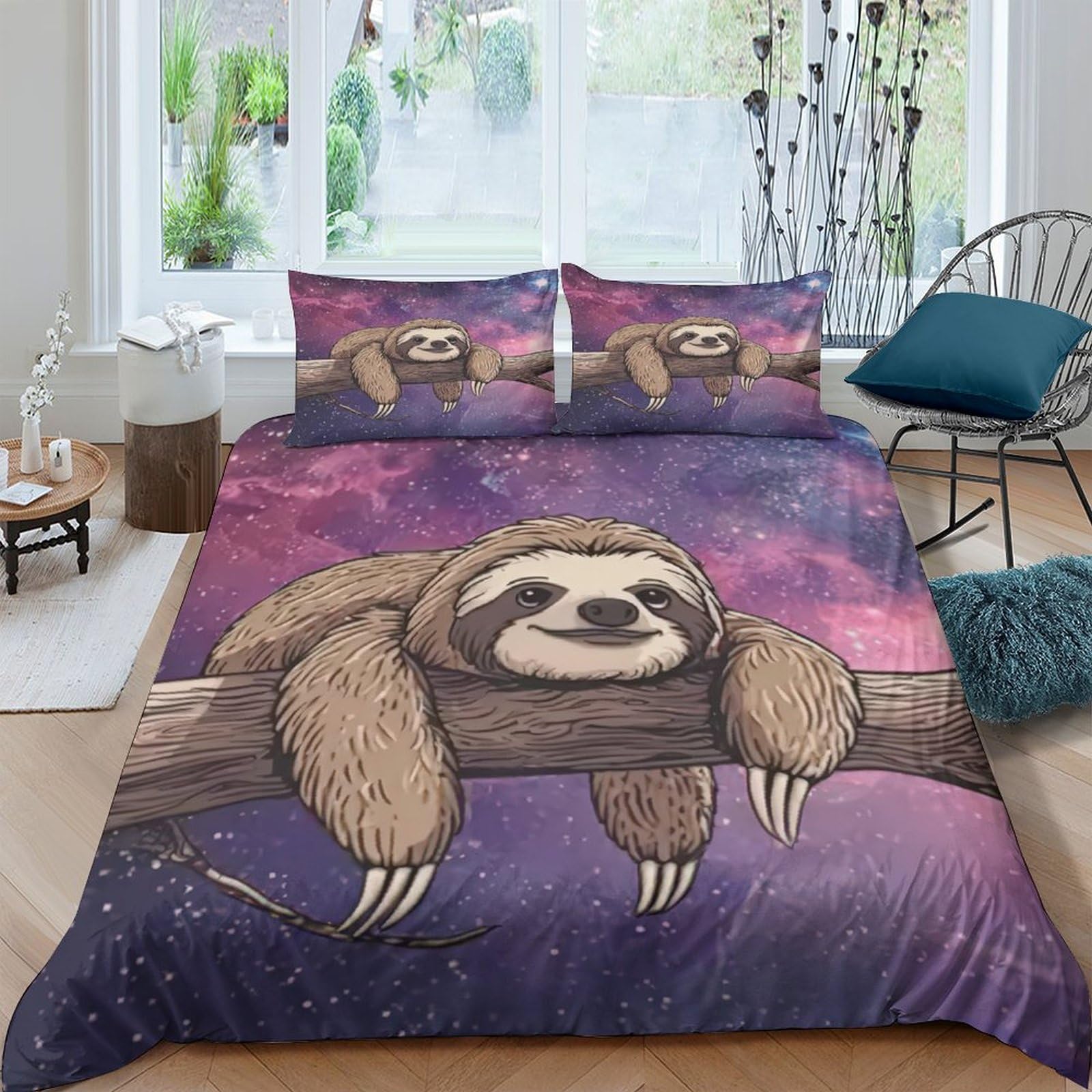 Ctjqhvkz Style-9 3D Printed Galaxy Sloth Fitted Sheet Microfiber Soft Purple Nebula Mattress Cover For Bedroom Guest Room Decor Single（135X200cm）