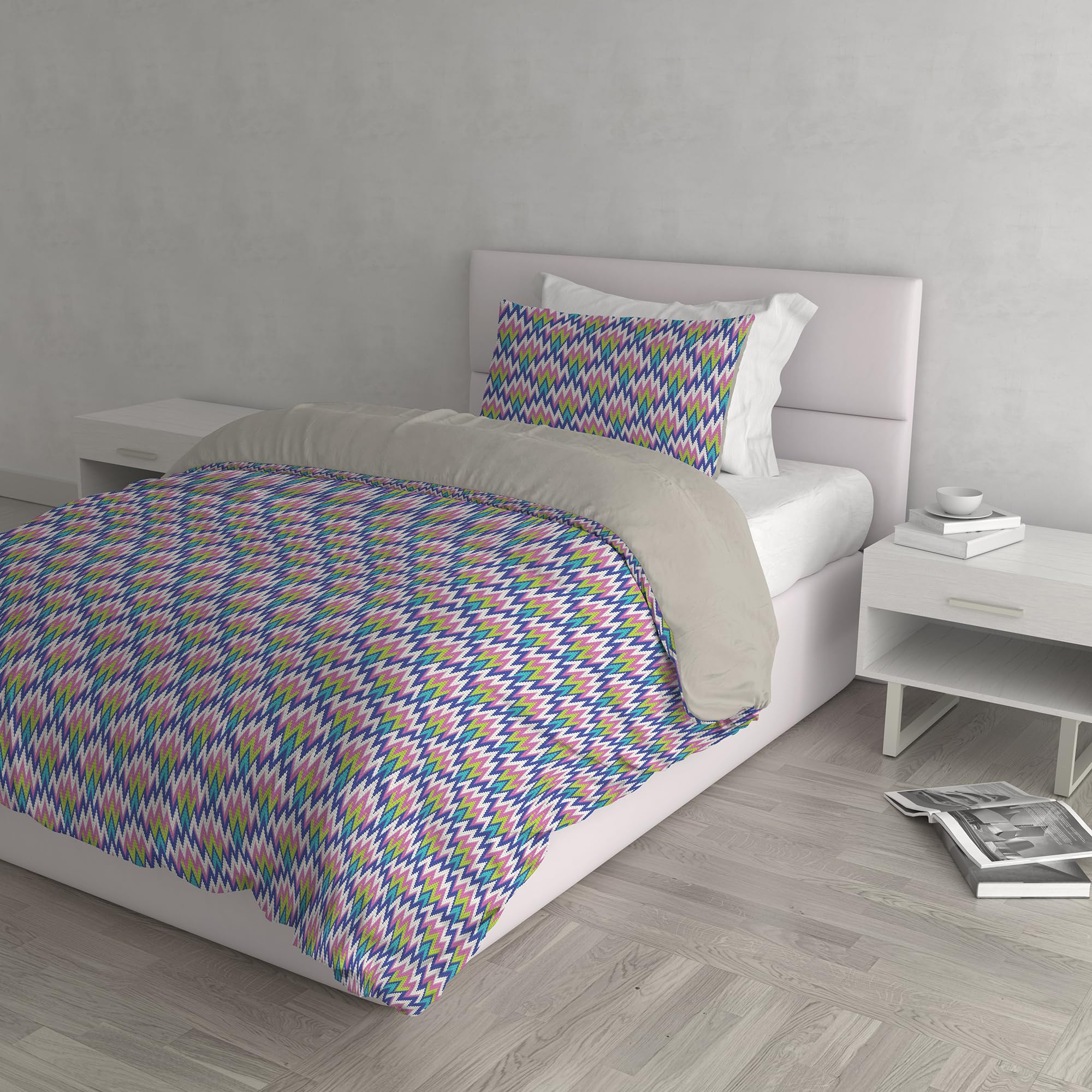 Fantasy Duvet Cover Set, Made in Italy – Duvet Cover Set – Duvet Cover 200 x 200 cm with Flap and Pillow Cases, Queen Size, Zig Zag
