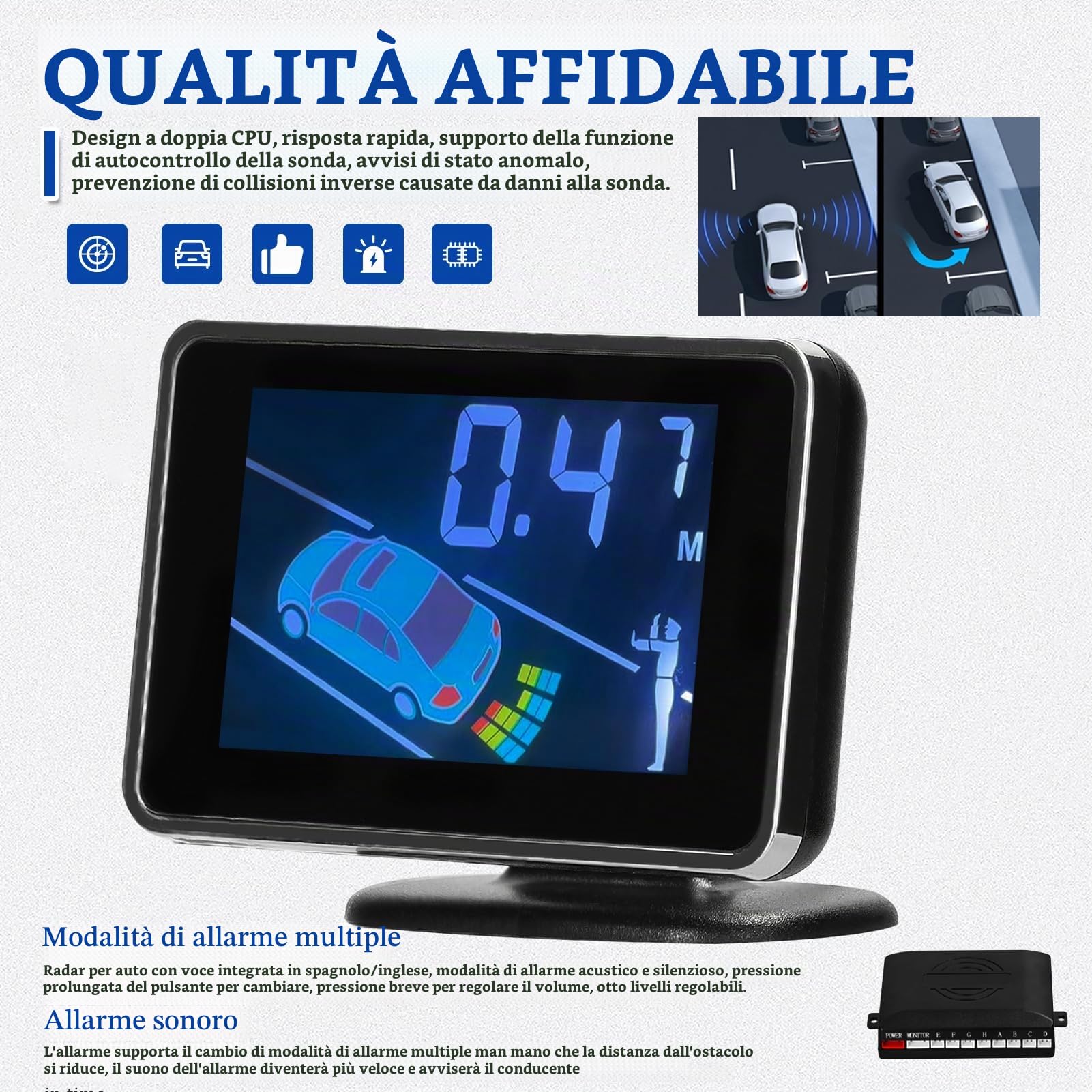 Sistemas del Sensore di Parcheggio per Auto con 8 Sensori - Inversione Anteriore e Posteriore con Avvertimento Sonoro, Display a Distanza LCD Regolabile e modalità di (BLACK)