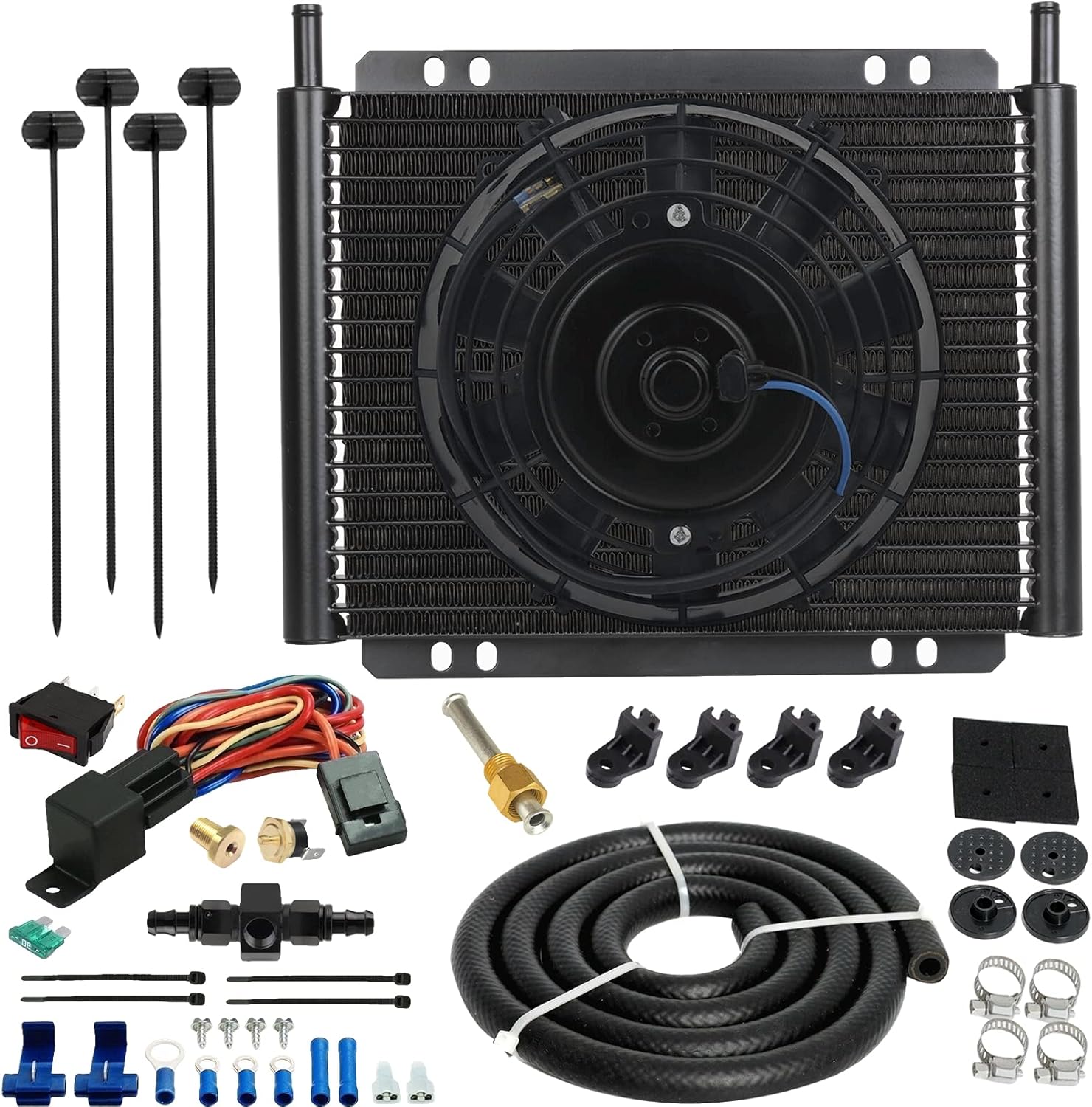 Heavy Duty 11" Transmission Oil Cooler 8" Inch Electric Cooling Fan & 6AN in-line Hose Thermostat Switch Wiring Kit (170'F On - 155'F Off)