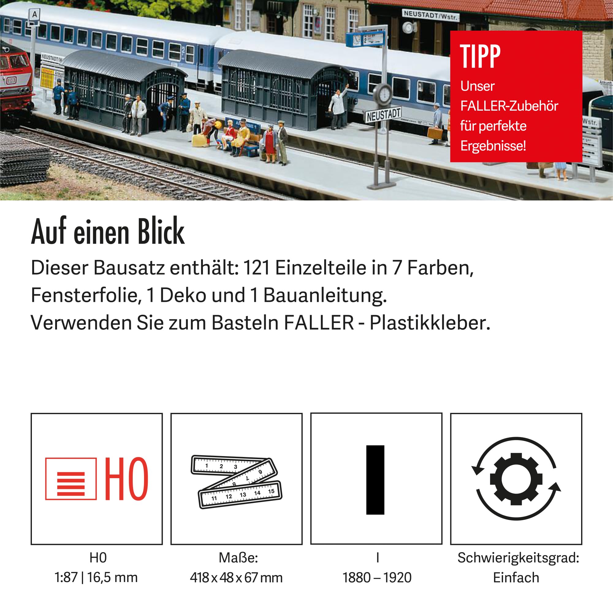 FALLER Bahnsteigverlängerung Modellbausatz mit 121 Einzelteilen 418 x 48 x 67 mm I Modelleisenbahn Zubehör H0 Gebäude I Modelleisenbahn H0 Bahnsteige, 7 Farben
