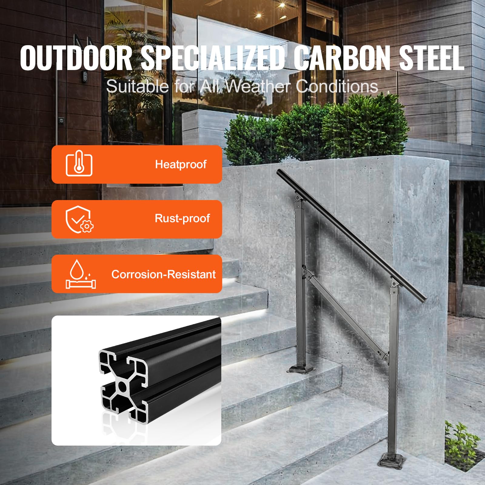 VEVOR Rampa Scala 914,4 mm Ringhiera Scala per 3 gradini a mano in acciaio al carbonio regolabile 50° carico 300 kg con kit di installazione per pavimenti in cemento legno piastrelle in ceramica