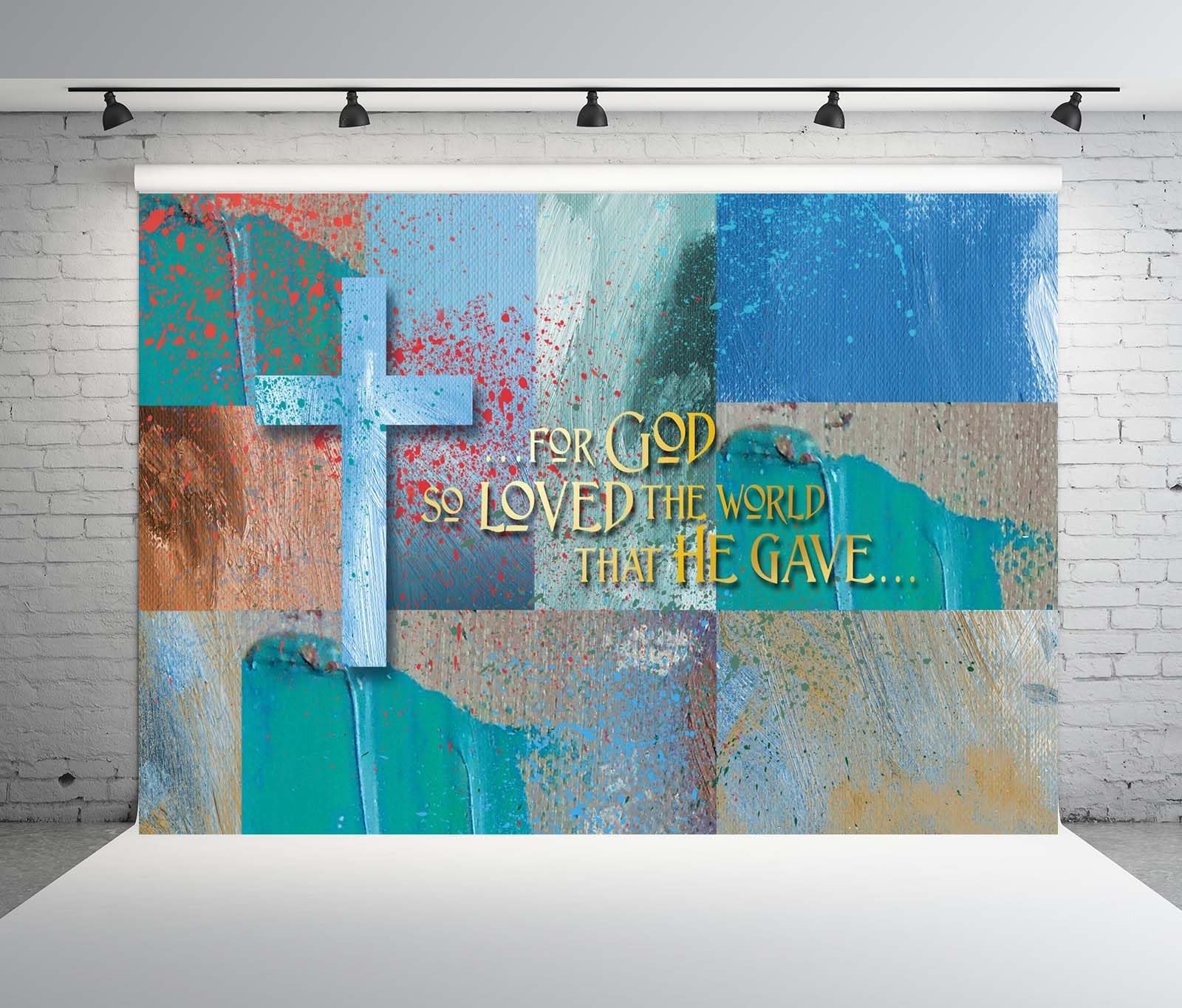 BELECO 3.6x3m Sfondo in tessuto Croce cristiana | Croce versetto biblico Giovanni 3 16 schizzi sangue sfondo tema pasqua decorazione festa accessori studio foto