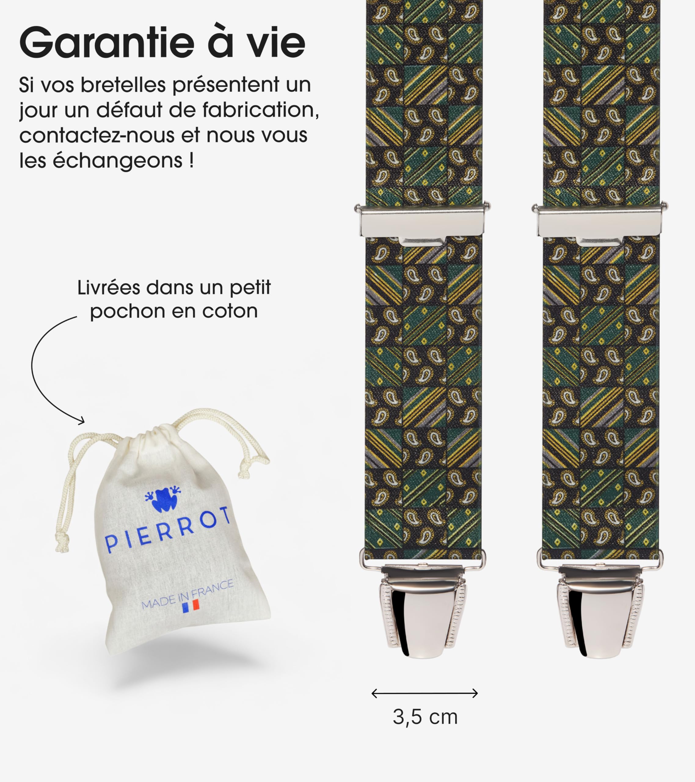 PIERROT Bretelles Homme Larges Made in France - Elastique Ultra Résistant & 4 Clips Extra Fort en X - Taille Ajustable Jusqu’à 130cm - Garantie à Vie - Fabrication Artisanale