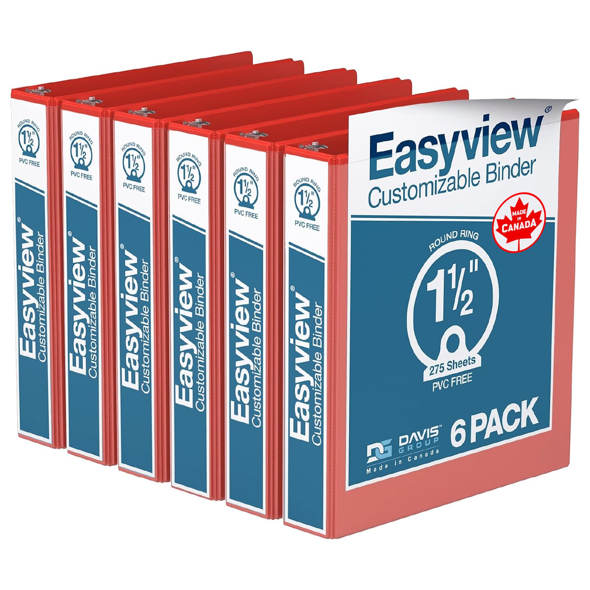 Easyview 3-Ring Binder, Clear-View Cover, 1.5" Round Rings, Red, 6 Pack