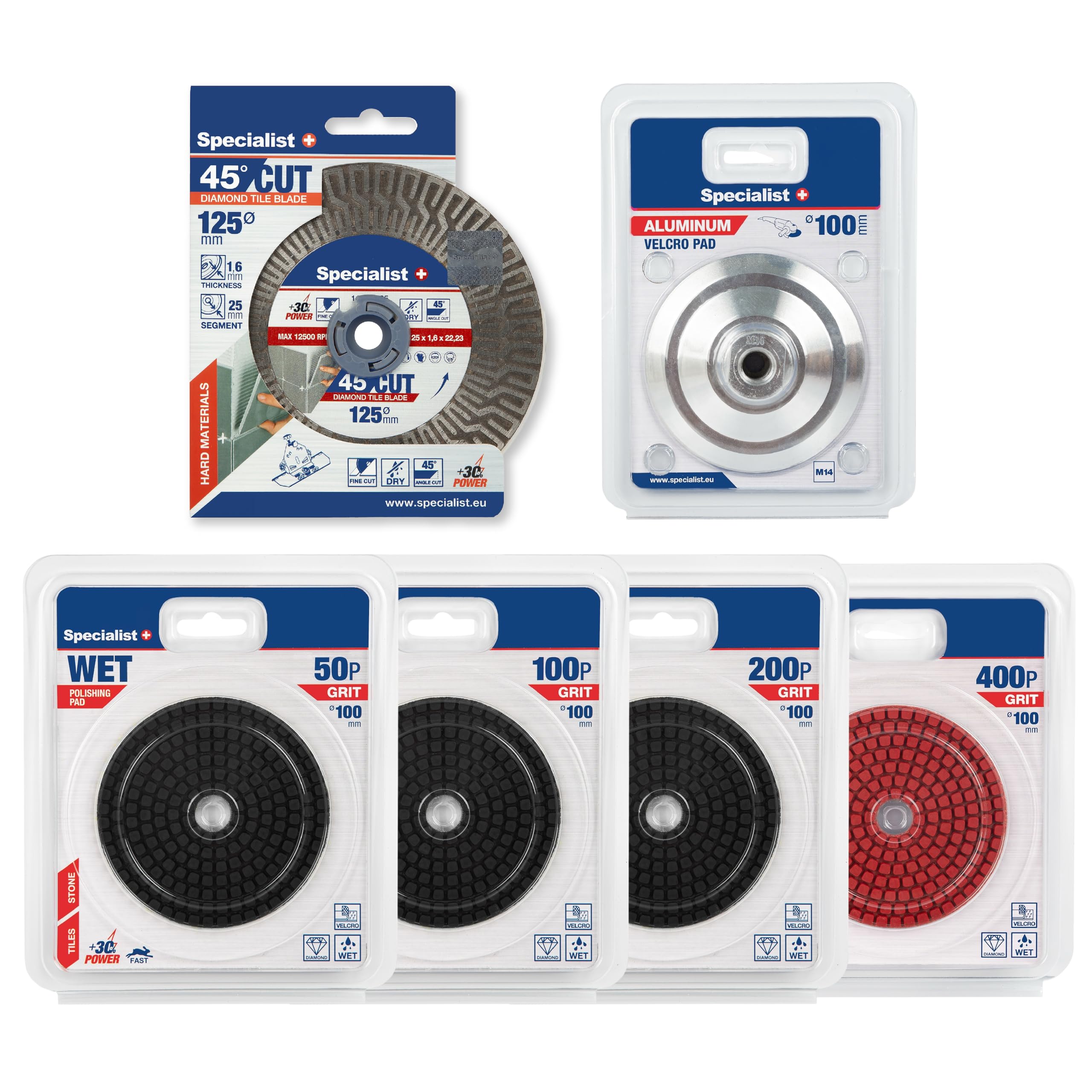 SPECIALIST+ Juego de corte de azulejos y pulido de diamante | Kit de 6 piezas con disco de lijadora angular de 125 mm, almohadilla de soporte de velcro y almohadillas de pulido húmedas de grano 50–400