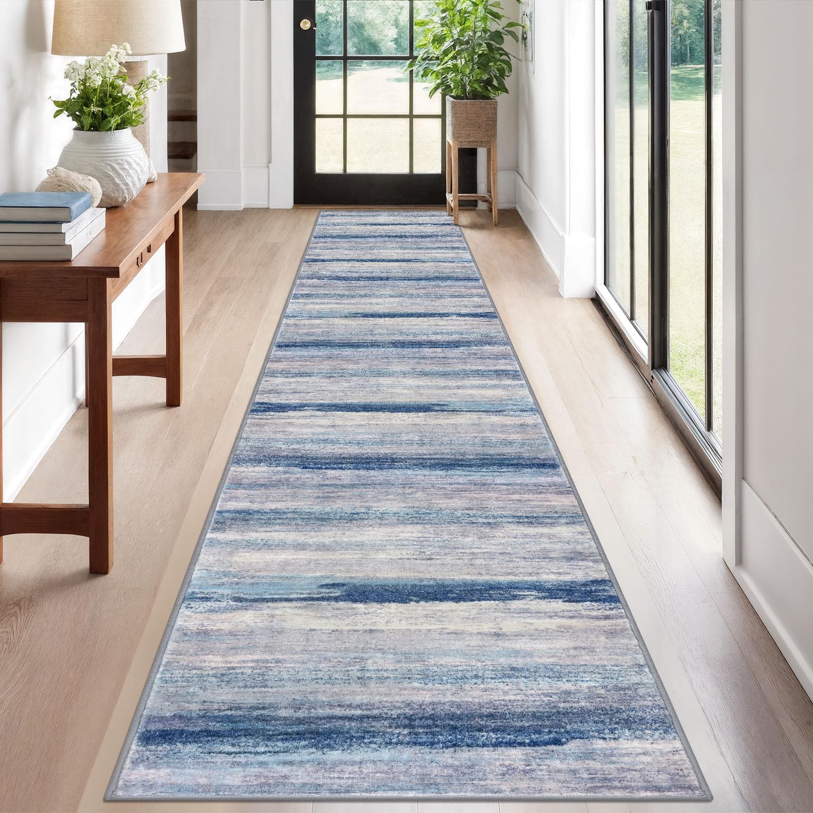 KOZYFLY Modern Abstract Hallway Runner, 2x12 Washable Rug Runner Non-Slip Soft Striped Kitchen Runner Rug, Blue/Grey/Beige Print Carpet for Entryway Bathroom Laundry Room Foyer — image 1