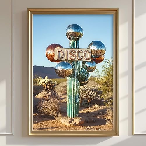 Arte de pared de bola de discoteca de los años 70, diseño vintage de cactus del desierto, impresiones de paisaje retro de bola de discoteca, póster