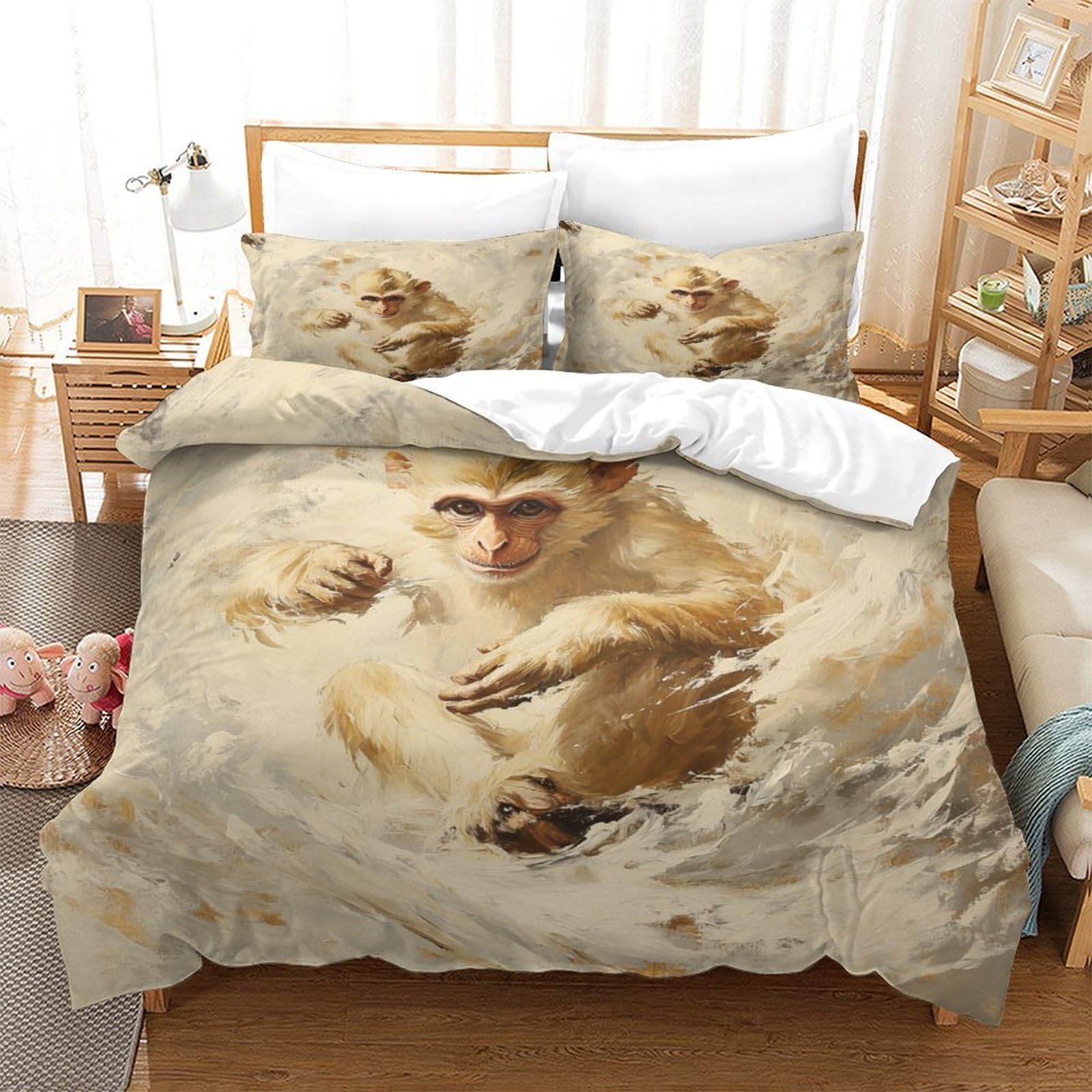 P1s9u7w5y Monkey-2 3D Printed Animal Monkey Pattern 3Pcs Microfiber Duvet Cover Set Eco-Friendly Monkey Bedding Set Double（200X200cm）