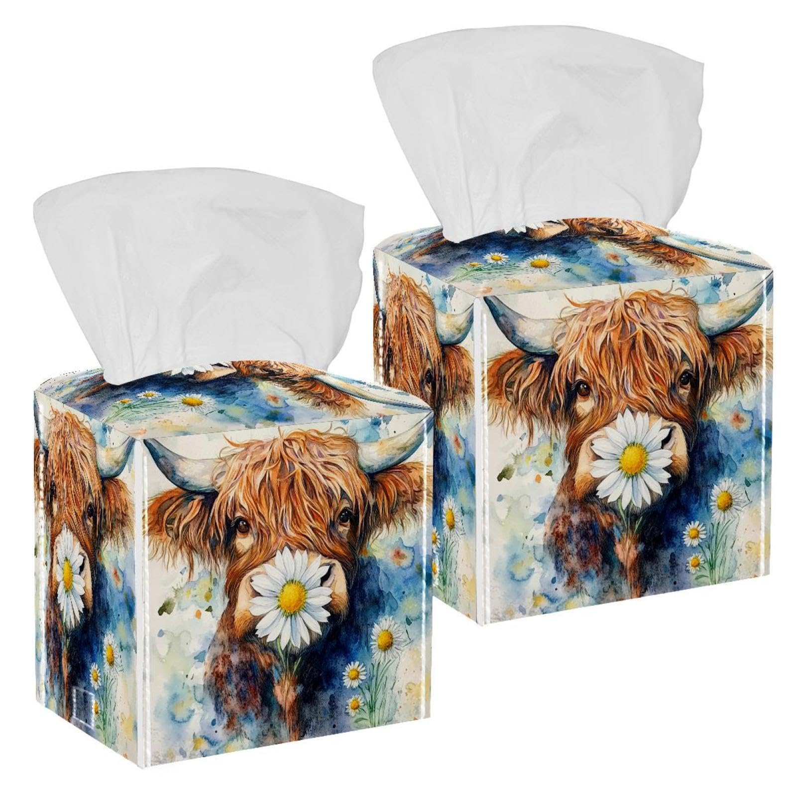 Watercolor Cow Tissue Box Cover, 2 Pack PU Leather Square Facial Tissue Dispenser Box holder for Home Office Car